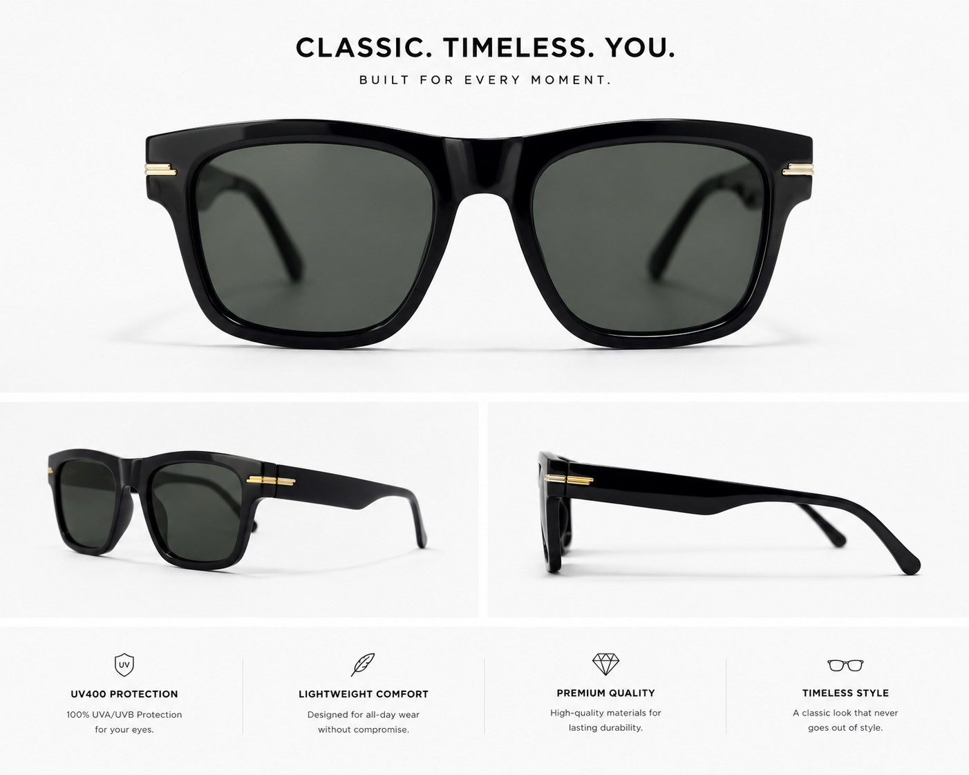 Classic Black Wayfarer Sunglasses – UV400 Protection | Timeless Style