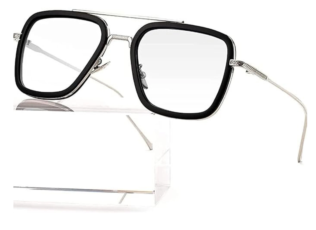 Tony Stark Inspired Square Black & Silver Eyeglasses Frame for Men