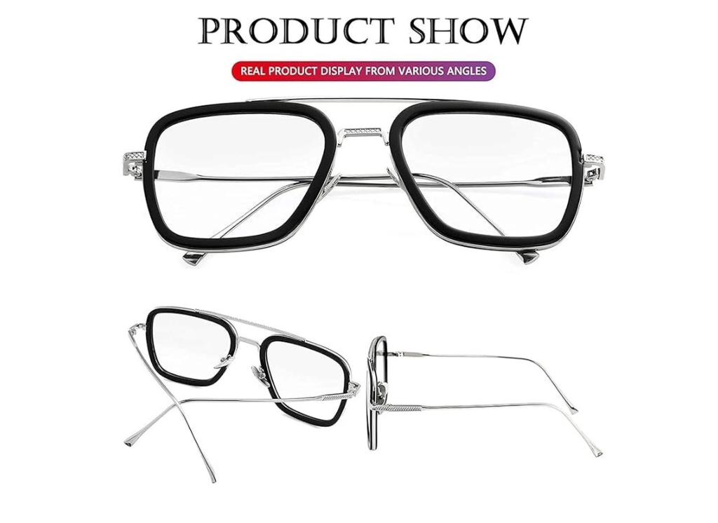 Tony Stark Inspired Square Black & Silver Eyeglasses Frame for Men