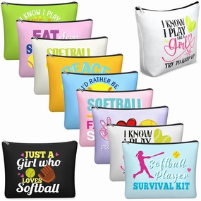 10 Pcs Softball Makeup Bags Senior Night Gifts 2025 Inspirational Softball Cosmetic Bag Accessories Funny Canvas Toiletry Zipper Pouch for Women Players Lover Sport Team Gifts