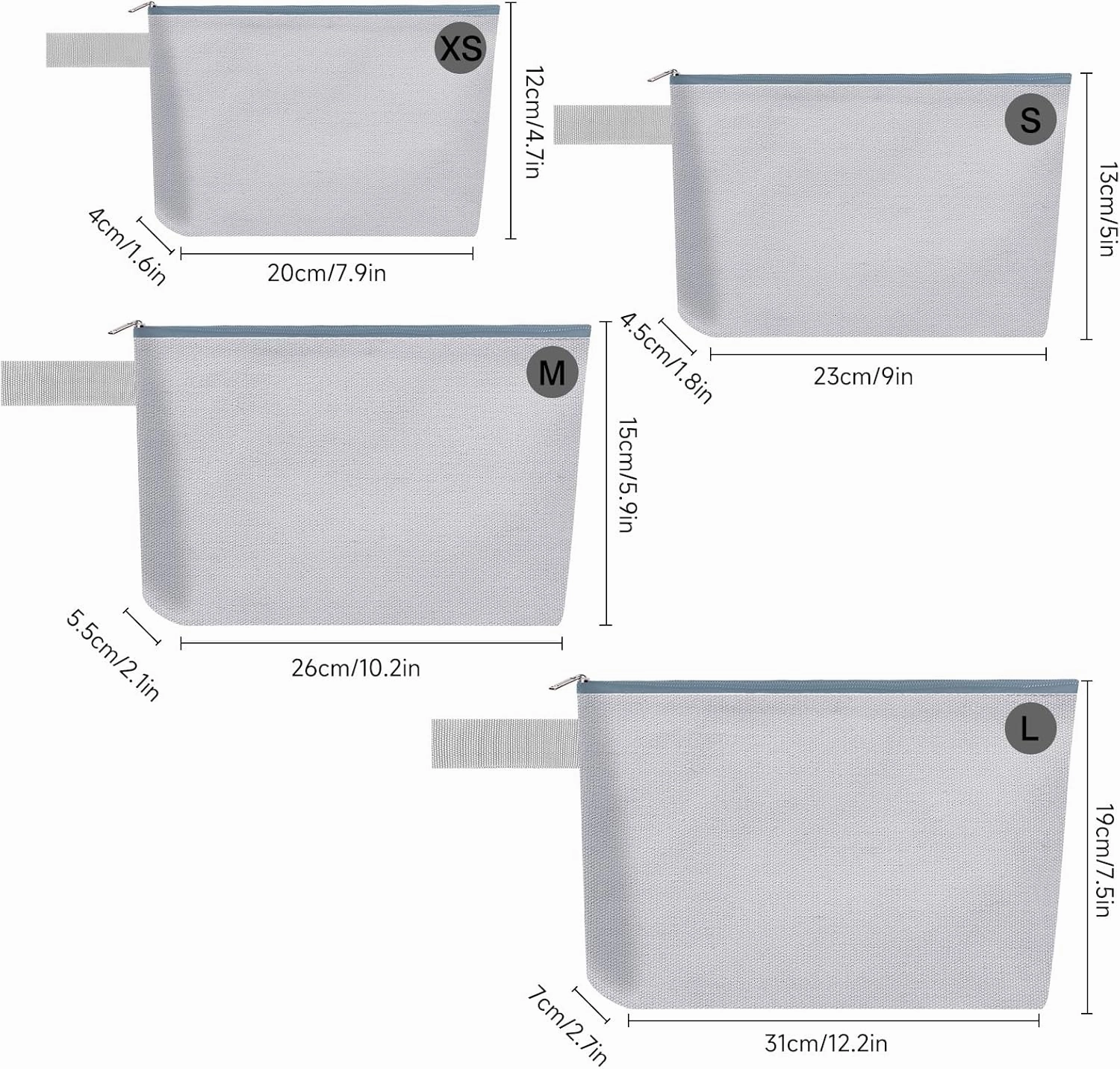 10 Pieces Cotton Canvas Makeup Bag with Bottom and Strap, Multi-Purpose Cosmetic Bag with Zipper Travel Toiletry Pouch, Blank DIY Craft Bag (Grey, M)