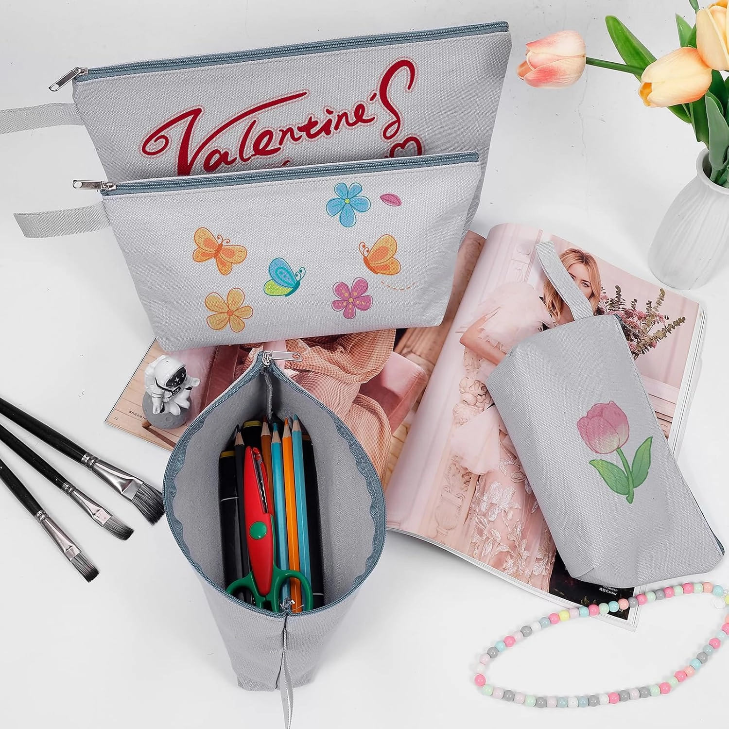 10 Pieces Cotton Canvas Makeup Bag with Bottom and Strap, Multi-Purpose Cosmetic Bag with Zipper Travel Toiletry Pouch, Blank DIY Craft Bag (Grey, S)