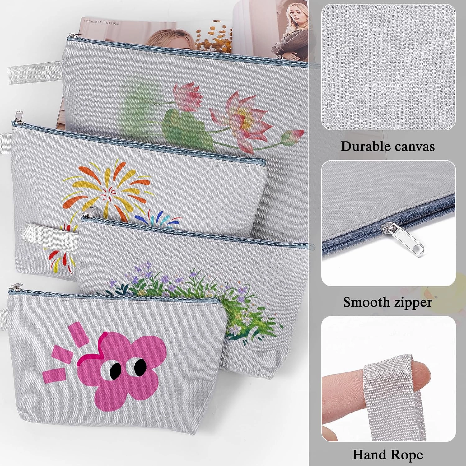 10 Pieces Cotton Canvas Makeup Bag with Bottom and Strap, Multi-Purpose Cosmetic Bag with Zipper Travel Toiletry Pouch, Blank DIY Craft Bag (Grey, S)