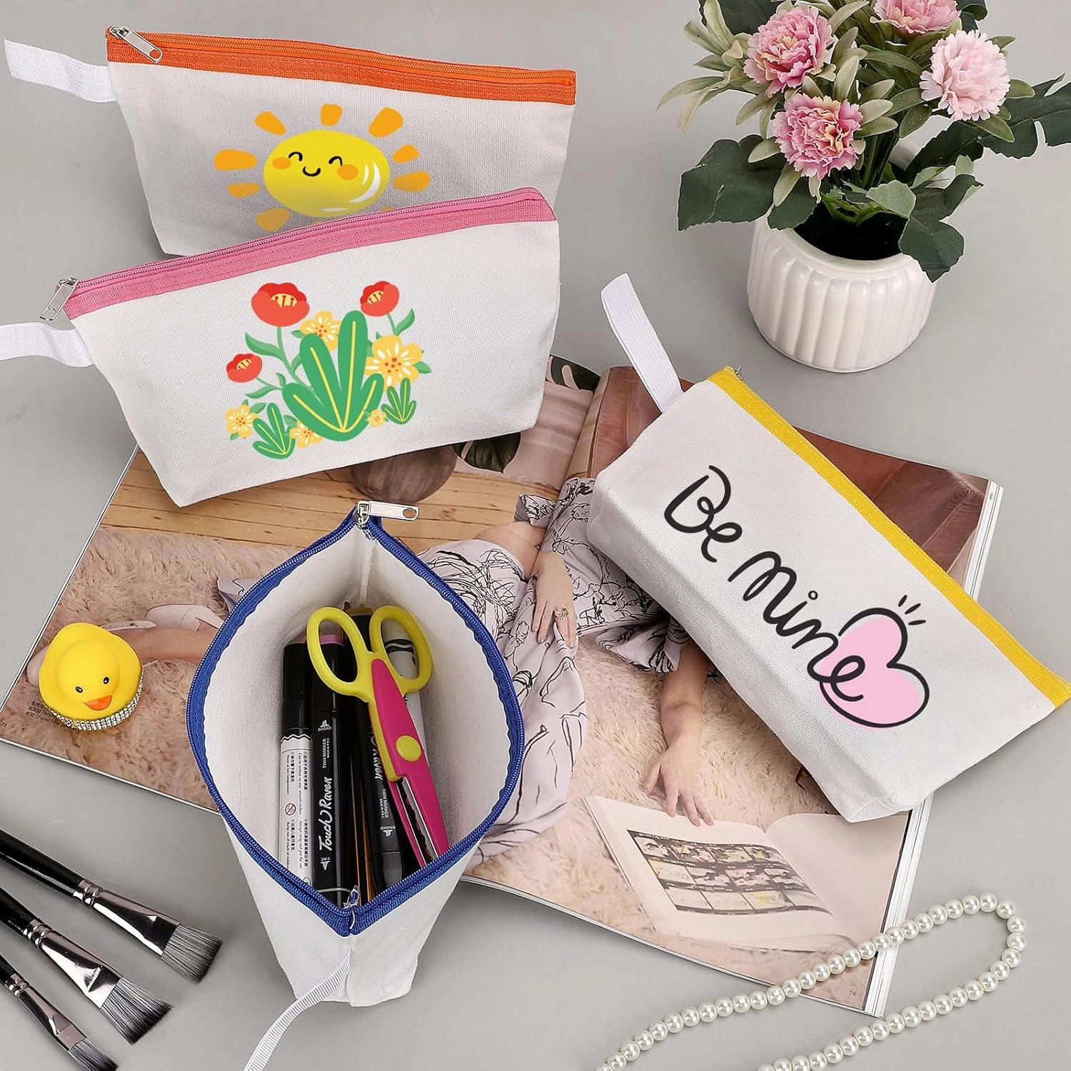 10 Pieces Cotton Canvas Makeup Bag with Bottom and Strap, Multi-Purpose Cosmetic Bag with Zipper Travel Toiletry Pouch, Blank DIY Craft Bag Pencil Bag (Multicolor 01, M) (MN-WB07)