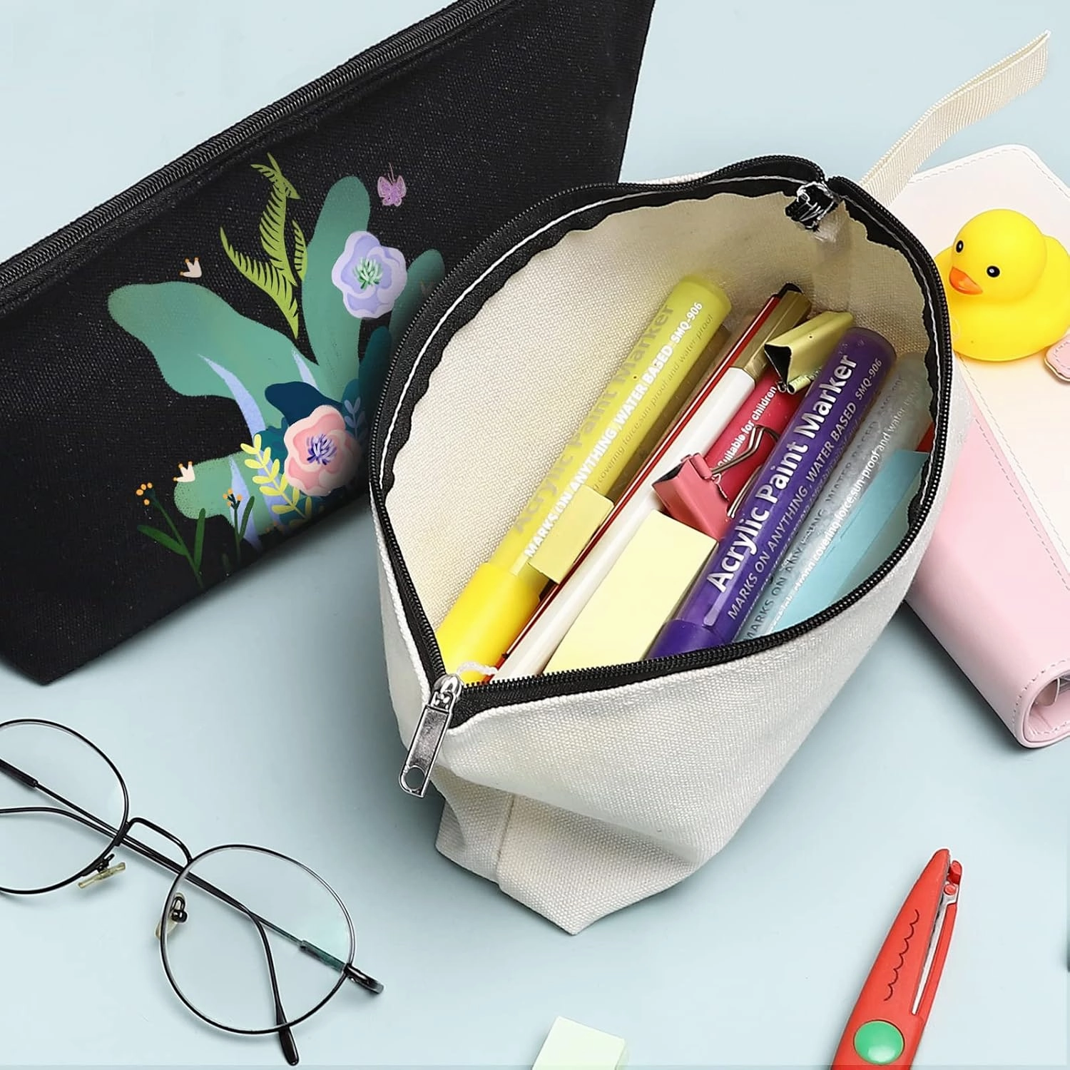 10 Pieces Cotton Canvas Makeup Bag with Bottom, Multi-Purpose Cosmetic Bag with Zipper Travel Toiletry Pouch, Blank DIY Craft Bag Pencil Bag (S, Black) (MN-WB07)