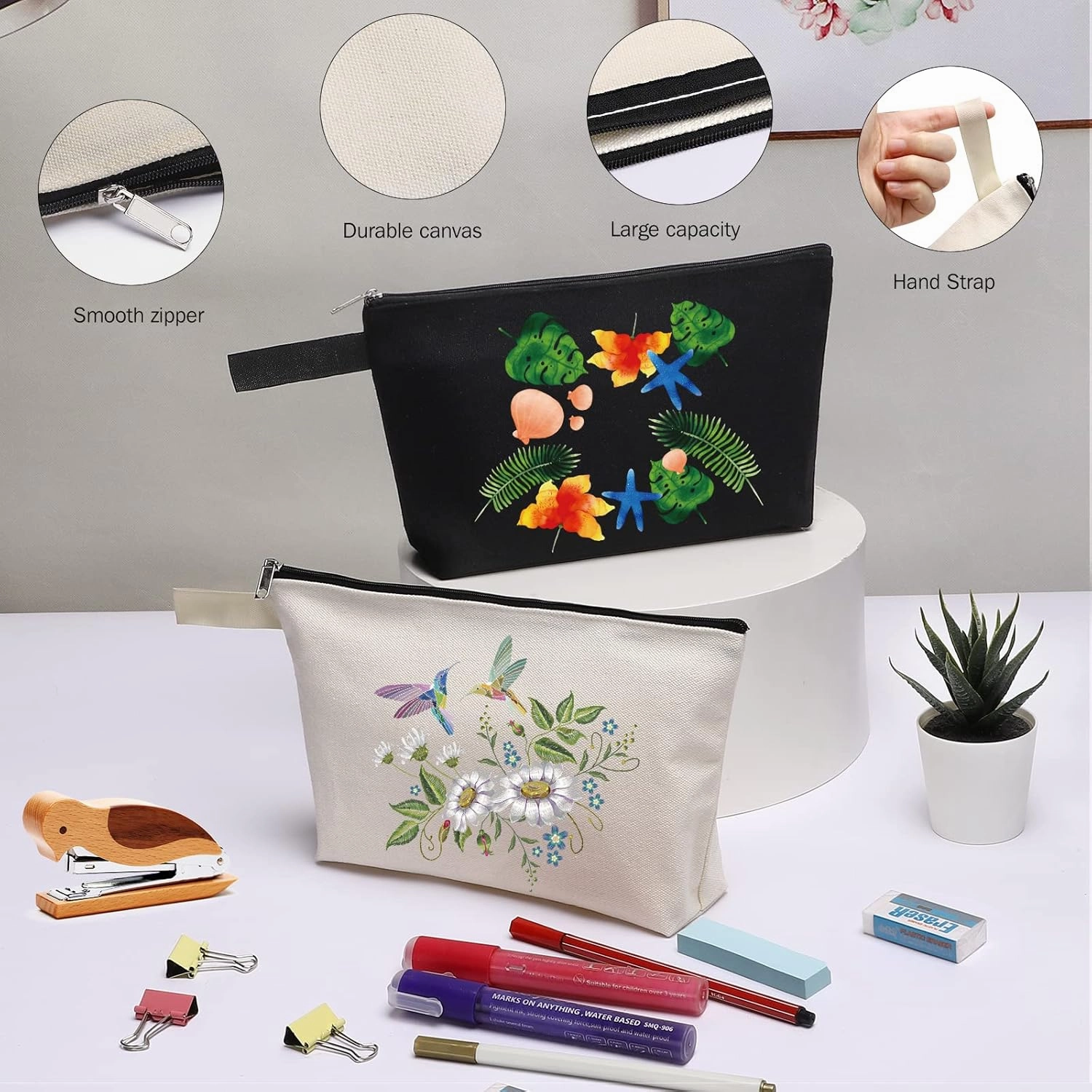 10 Pieces Cotton Canvas Makeup Bag with Bottom, Multi-Purpose Cosmetic Bag with Zipper Travel Toiletry Pouch, Blank DIY Craft Bag Pencil Bag (S, Black) (MN-WB07)