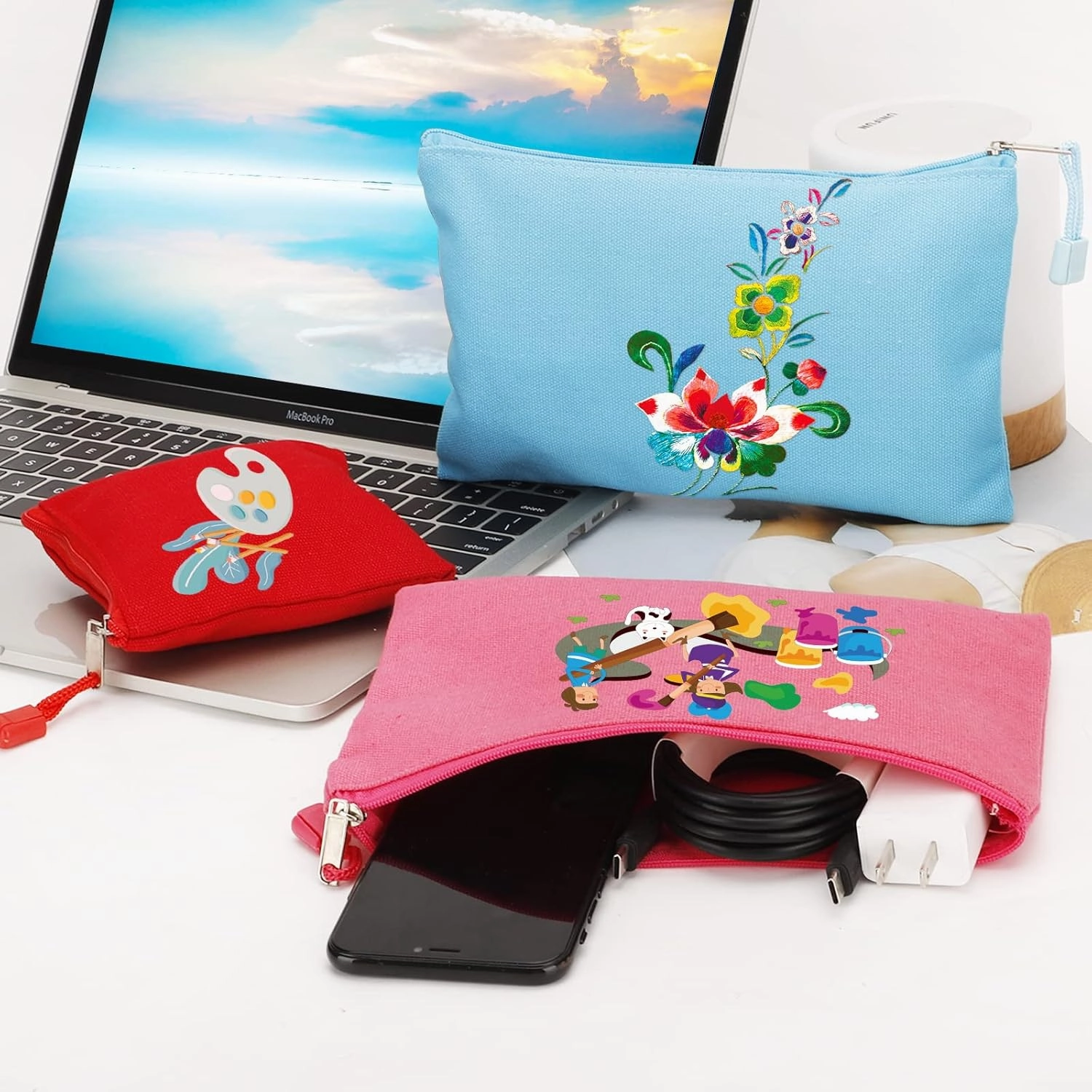 12 Pack DIY Craft Cotton Canvas Bag, Multi-Purpose Cosmetic Bag Makeup Pouches with Zipper Travel Toiletry Bag Pen Pencil Bag (Multicolor, S) (D003)