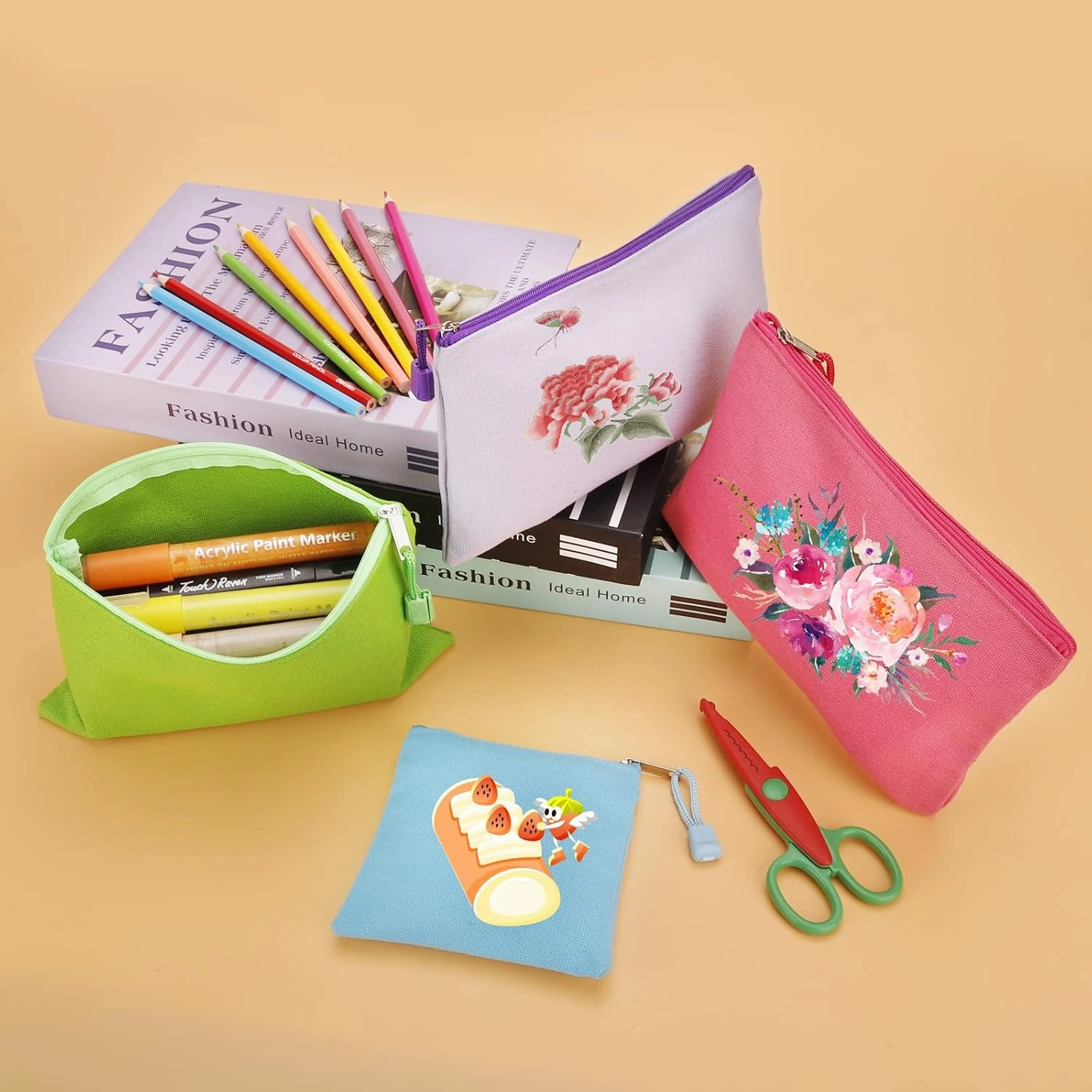 12 Pack DIY Craft Cotton Canvas Bag, Multi-Purpose Cosmetic Bag Makeup Pouches with Zipper Travel Toiletry Bag Pen Pencil Bag (Multicolor, S) (D003)