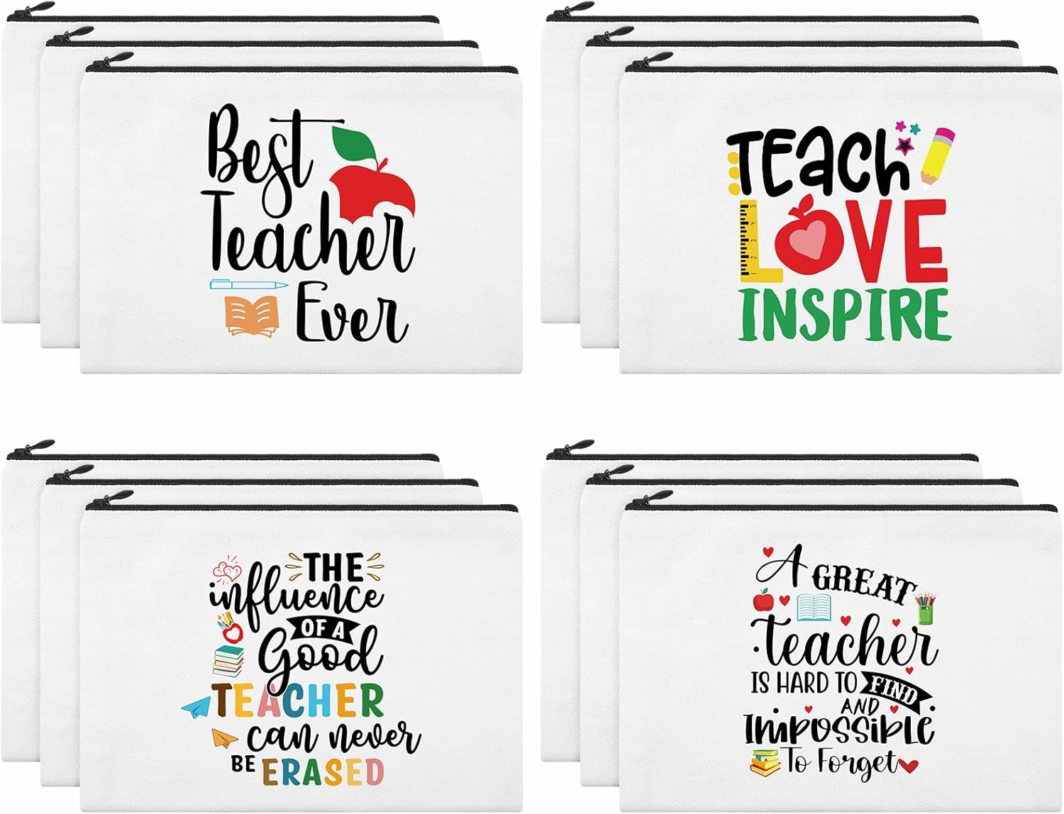 12 Pcs Teacher Gifts Makeup Bags Teacher Appreciation Travel Toiletry Canvas Cosmetic Pencil Survival Kit Bag for Women Zipper Pouch Bag Thank You Gifts Bulk (Warm Words)
