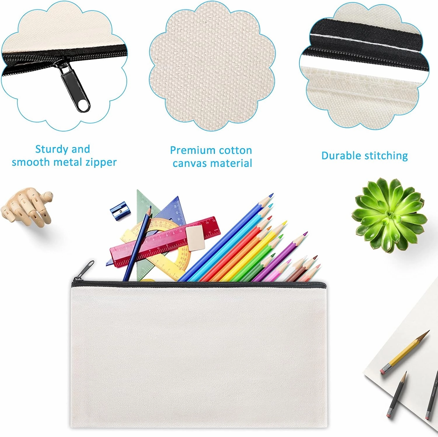 12 Pieces Black Cotton Canvas Makeup Bag, Multipurpose Cosmetic Bag with Zipper Travel Toiletry Pouch, Blank DIY Craft Bag (Black, L)