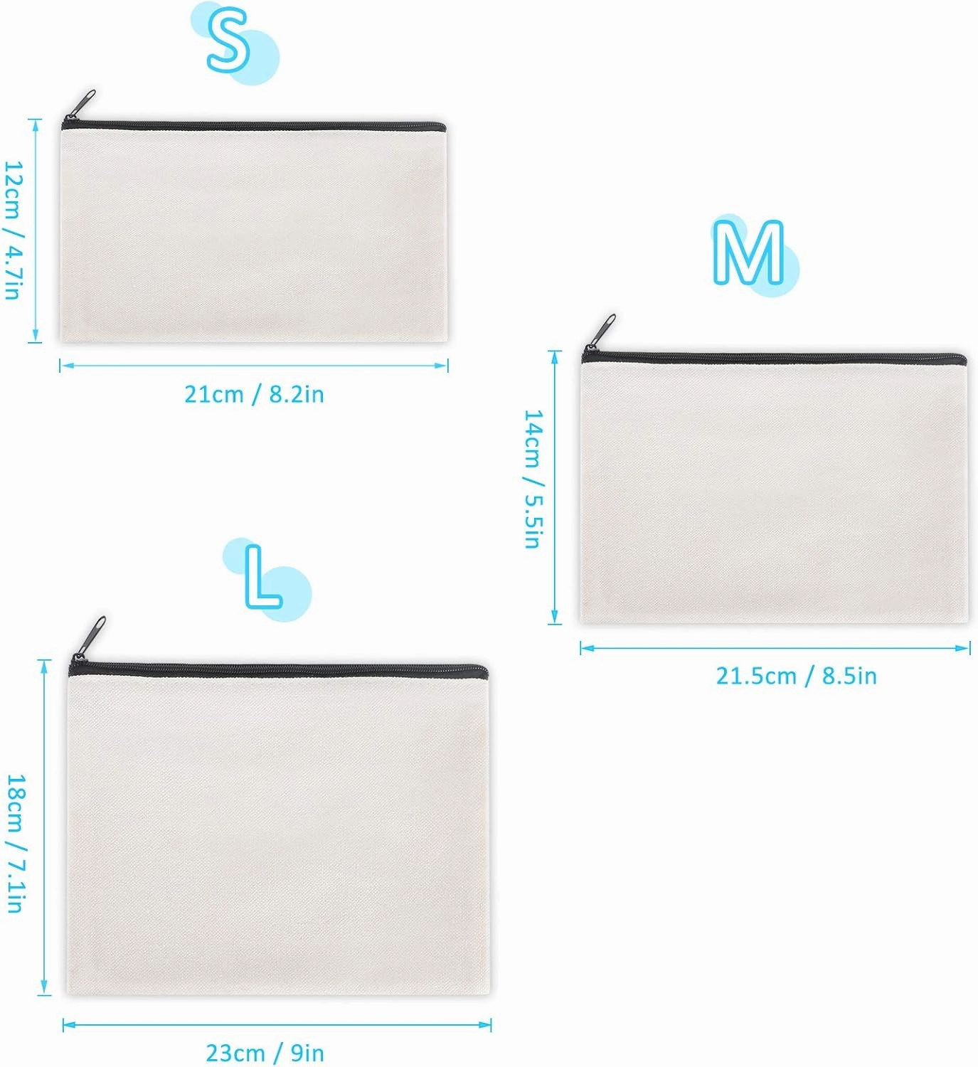 12 Pieces Cotton Canvas Makeup Bag, Multipurpose Cosmetic Bag with Zipper Travel Toiletry Pouch, Blank DIY Craft Bag (Grey, M)