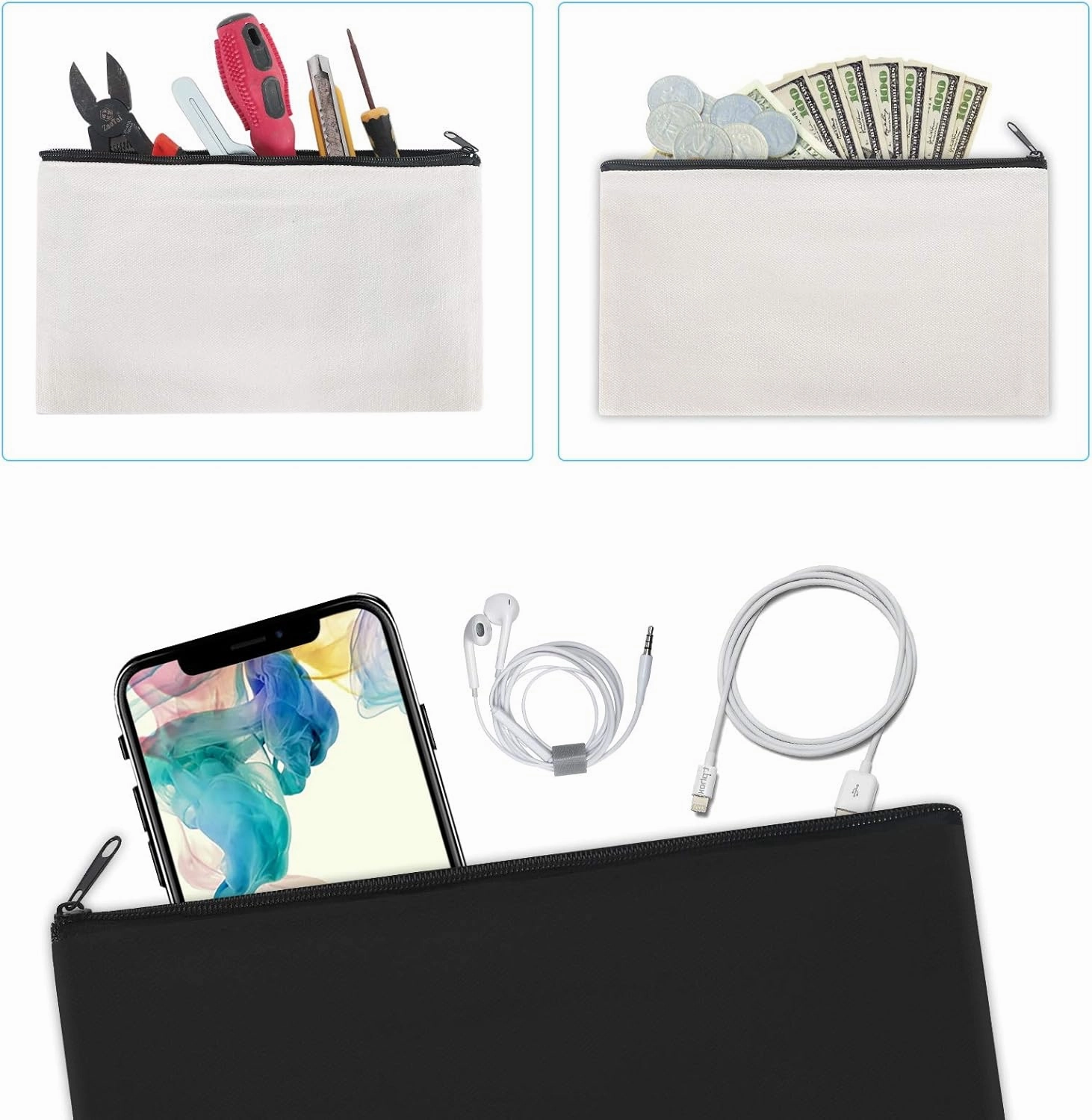 12 Pieces Cotton Canvas Makeup Bag, Multipurpose Cosmetic Bag with Zipper Travel Toiletry Pouch, Blank DIY Craft Bag (Grey, M)