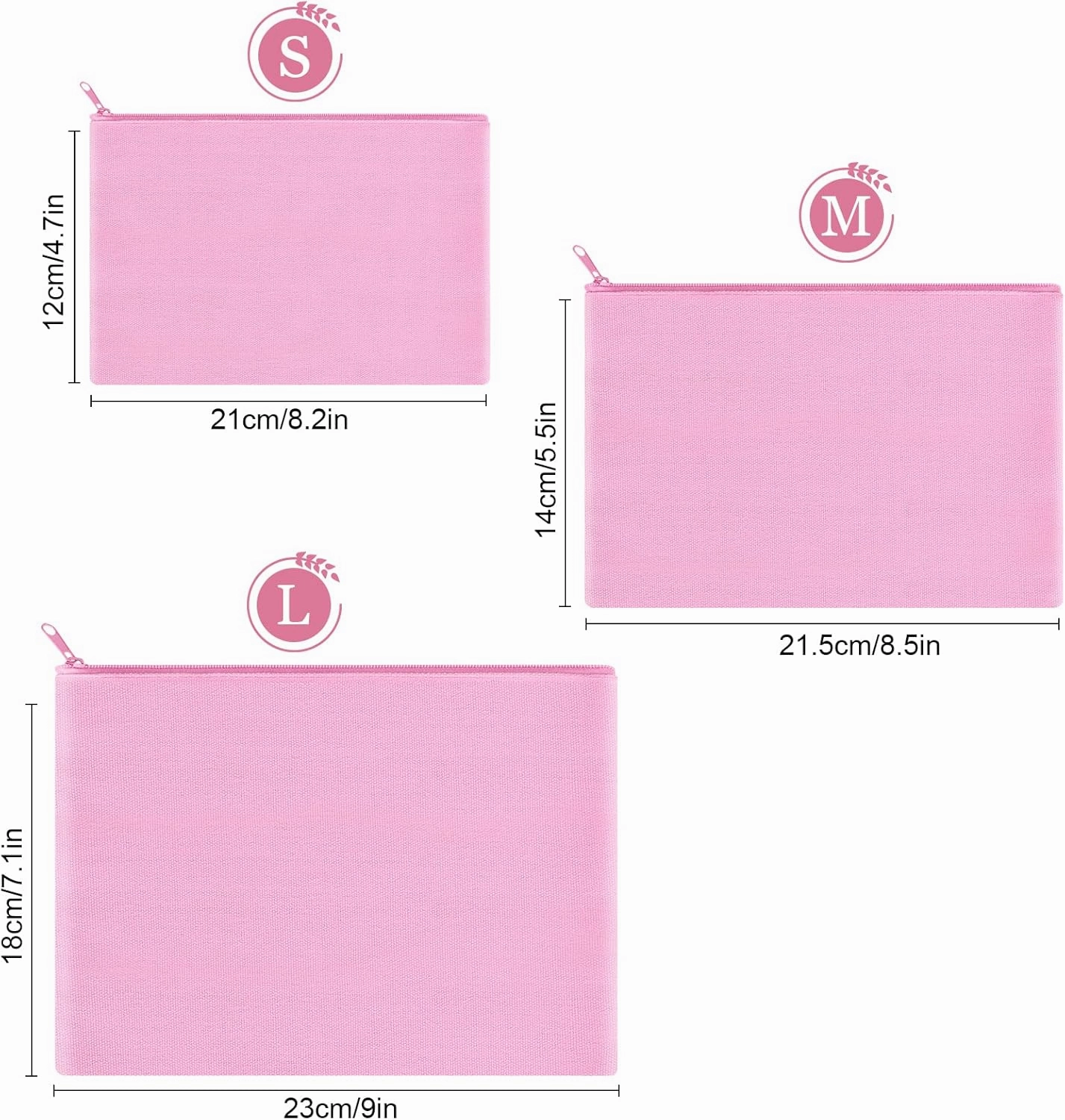 12 Pieces Cotton Canvas Makeup Bag, Multipurpose Cosmetic Bag with Zipper Travel Toiletry Pouch, Blank DIY Craft Bag (Pink, L)