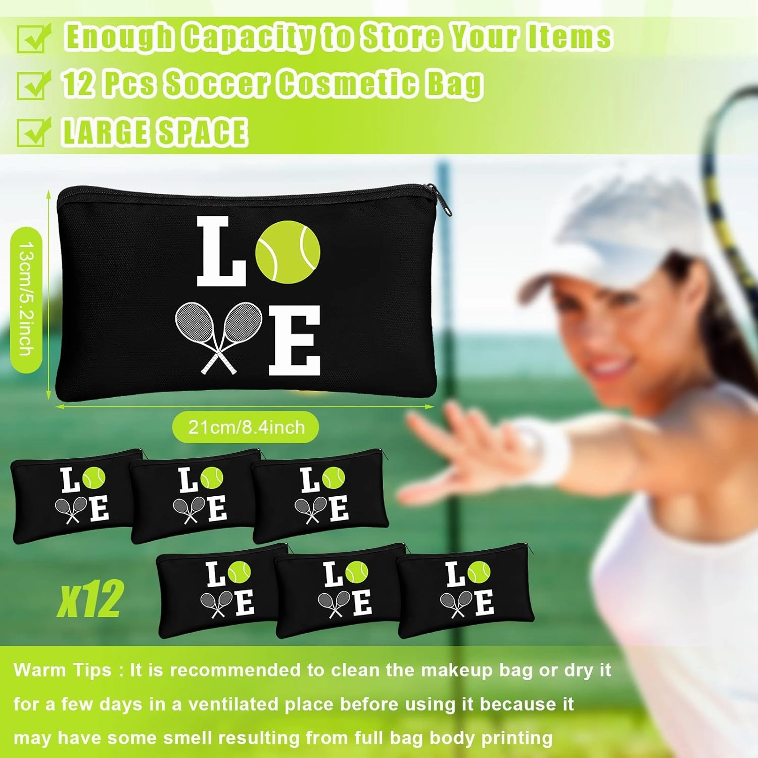12 Pieces Tennis Makeup Bag Cosmetic Bag Travel Portable Storage Toiletry Case Accessories with Zippers Tennis Gifts for Lovers Players Teams Women Girls(Black)