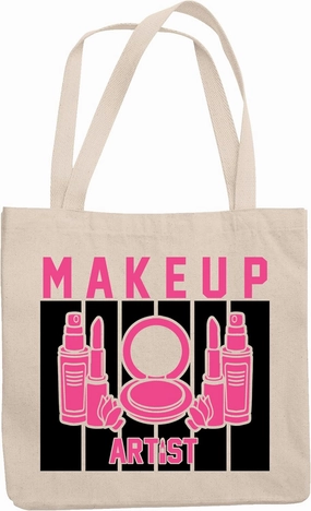 12oz Canvas Tote Bag - Makeup Artist with Compact Powder, Lipsticks & Setting Spray Design - Beauty Themed Merch for Makeup Artist or Cosmetologist, Gift for Makeup Lovers & Beauticians