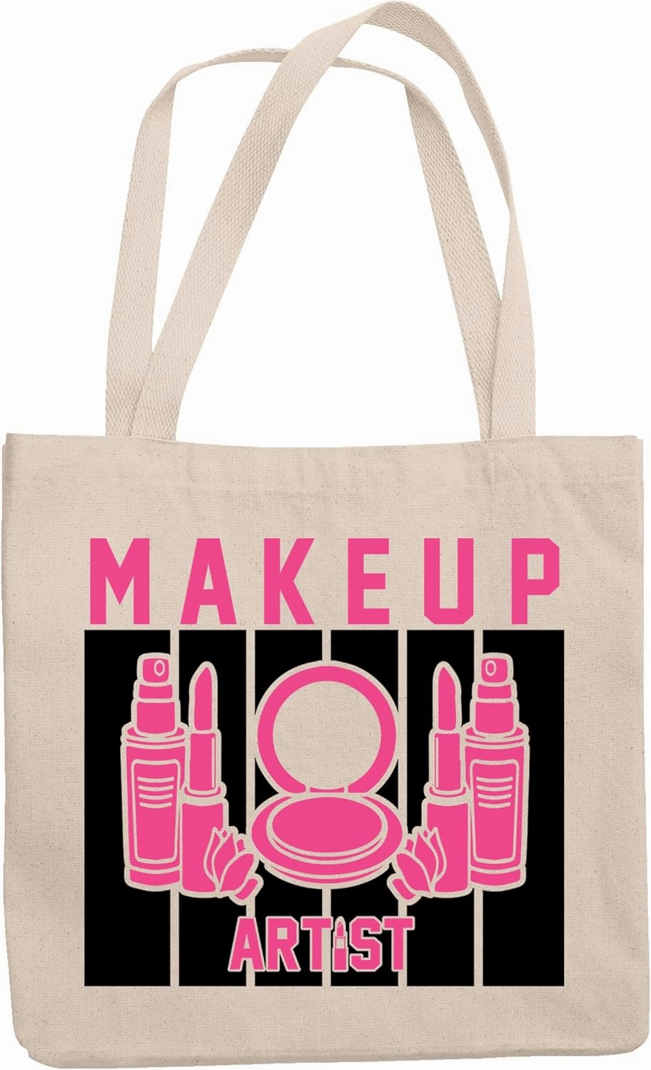 12oz Canvas Tote Bag - Makeup Artist with Compact Powder, Lipsticks & Setting Spray Design - Beauty Themed Merch for Makeup Artist or Cosmetologist, Gift for Makeup Lovers & Beauticians