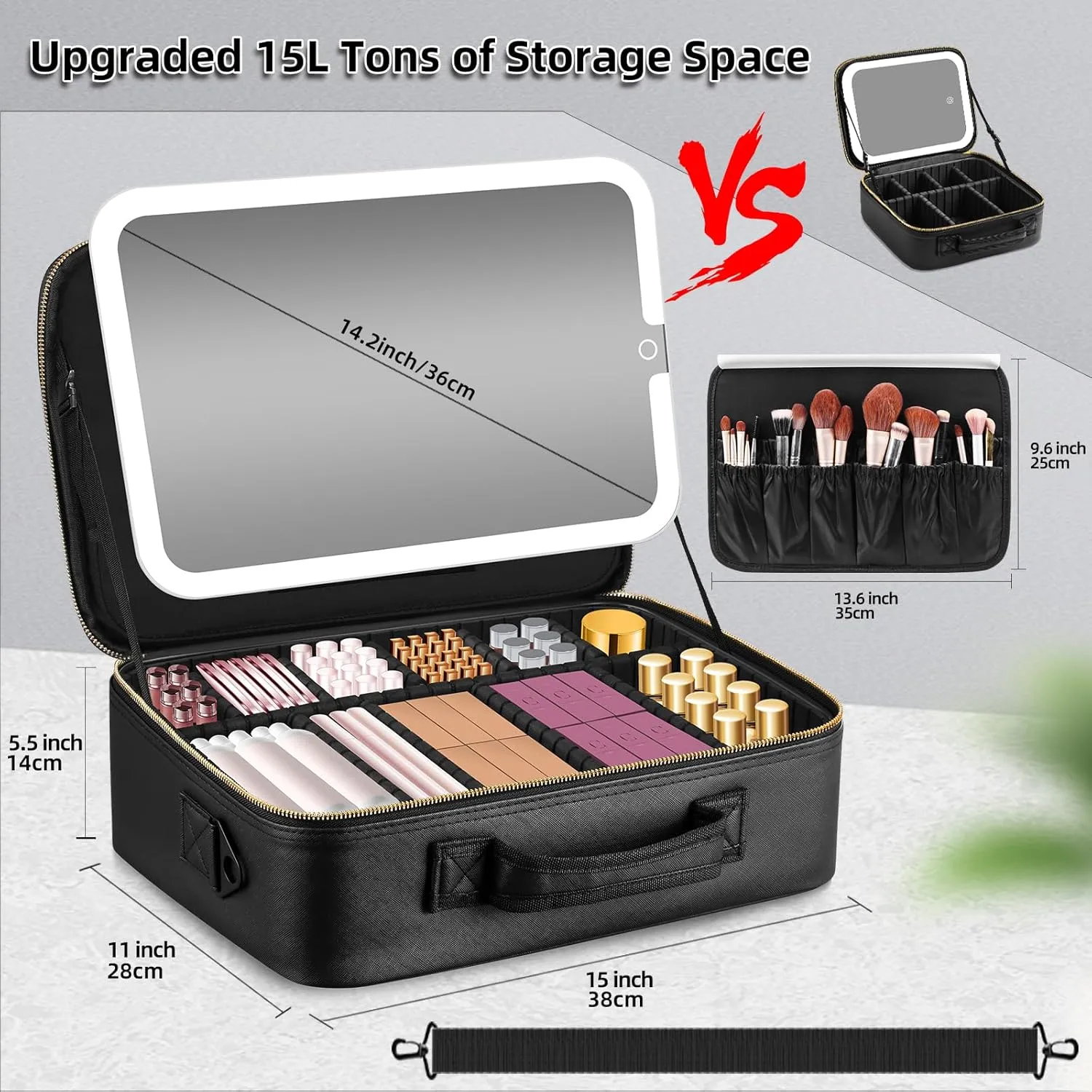 15''X11'' Makeup Bag with Removeable Lighted Mirror, Travel Makeup Case with 3 Color Lights Dimmable Brightness, Large Capacity Cosmetic Organizer Case with Detachable Dividers & Shoulder Strap