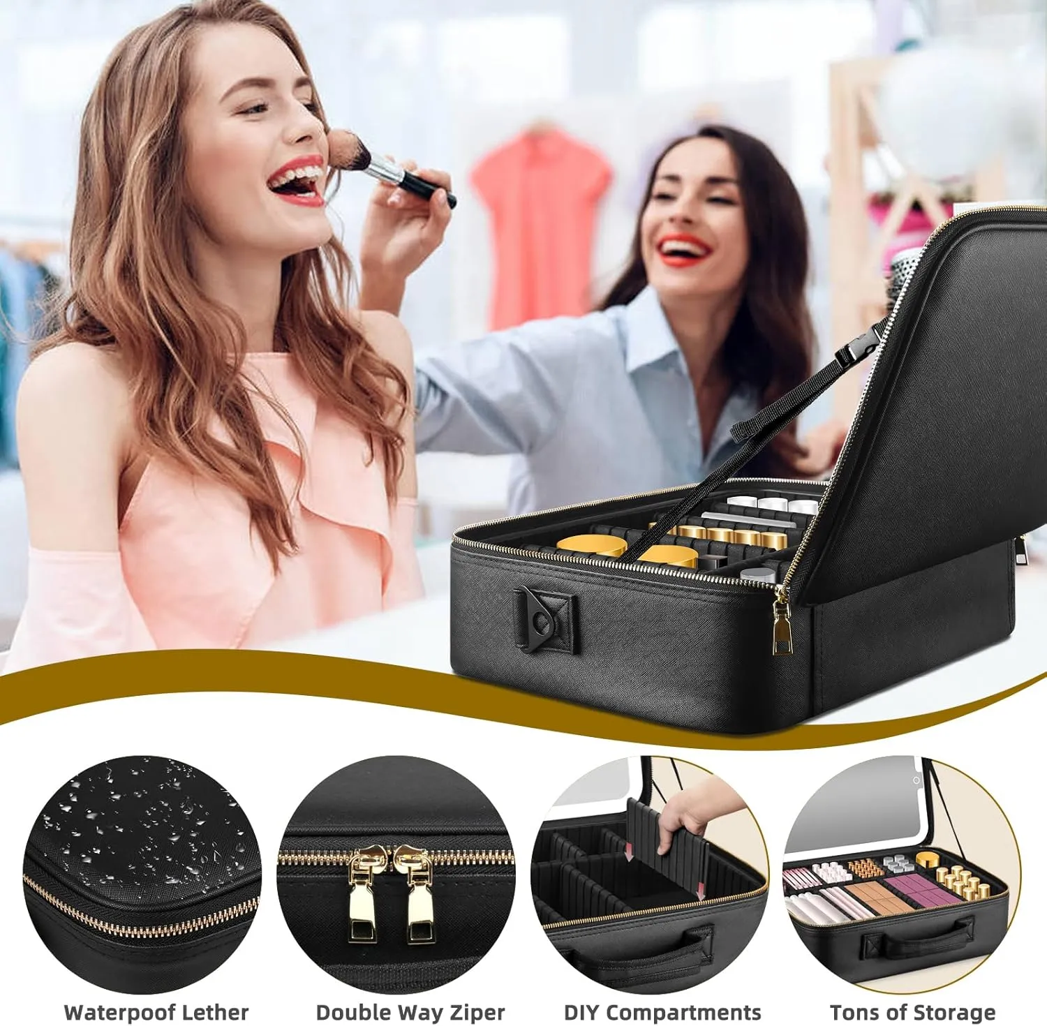15''X11'' Makeup Bag with Removeable Lighted Mirror, Travel Makeup Case with 3 Color Lights Dimmable Brightness, Large Capacity Cosmetic Organizer Case with Detachable Dividers & Shoulder Strap
