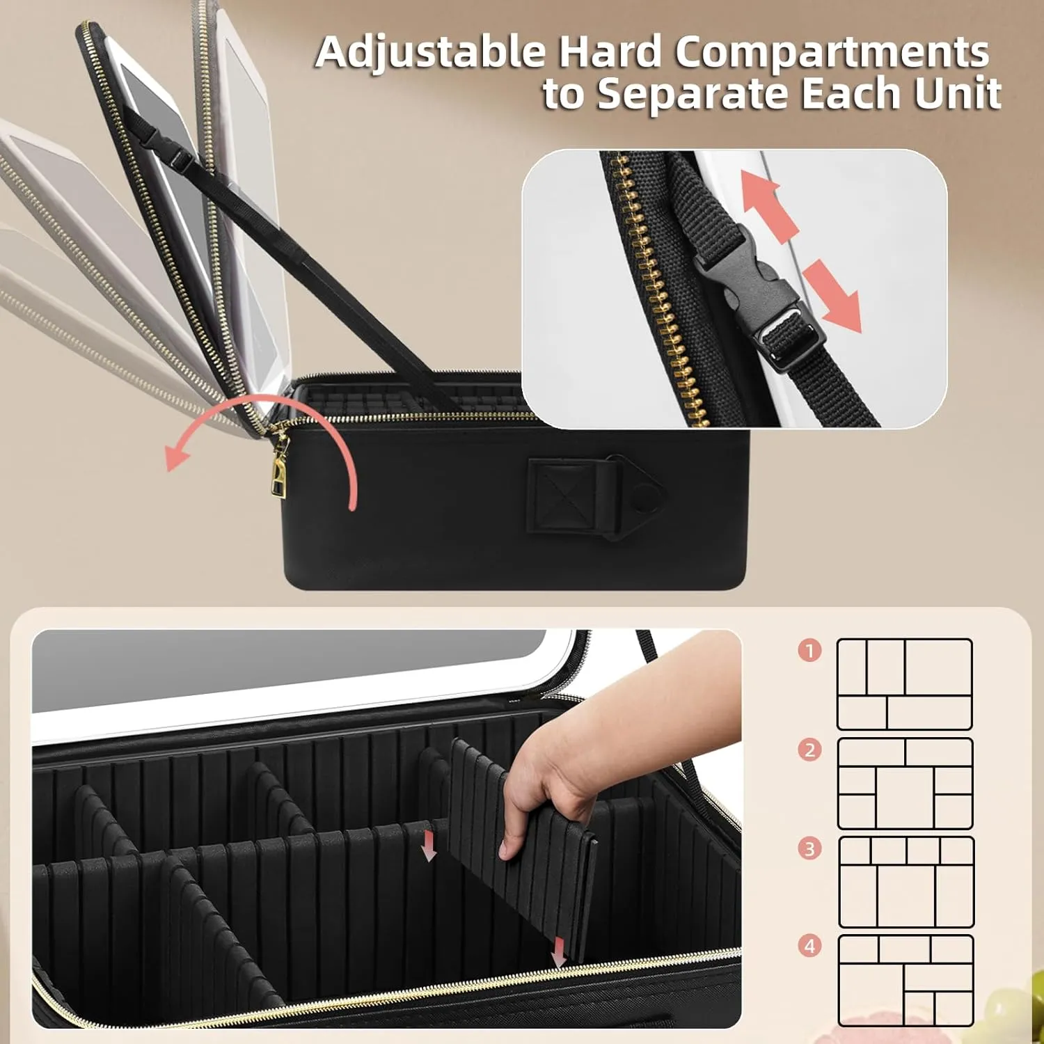 15''X11'' Makeup Bag with Removeable Lighted Mirror, Travel Makeup Case with 3 Color Lights Dimmable Brightness, Large Capacity Cosmetic Organizer Case with Detachable Dividers & Shoulder Strap