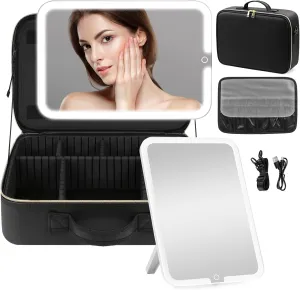 15''X11'' Makeup Bag with Removeable Lighted Mirror, Travel Makeup Case with 3 Color Lights Dimmable Brightness, Large Capacity Cosmetic Organizer Case with Detachable Dividers & Shoulder Strap