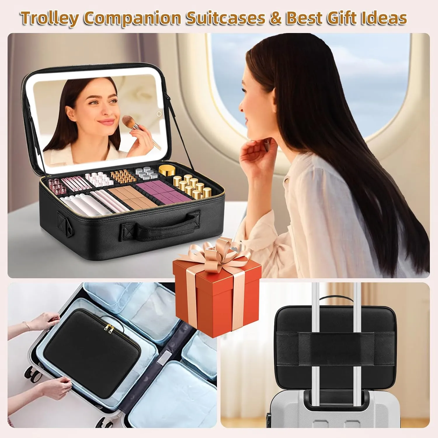 15''X11'' Makeup Bag with Removeable Lighted Mirror, Travel Makeup Case with 3 Color Lights Dimmable Brightness, Large Capacity Cosmetic Organizer Case with Detachable Dividers & Shoulder Strap