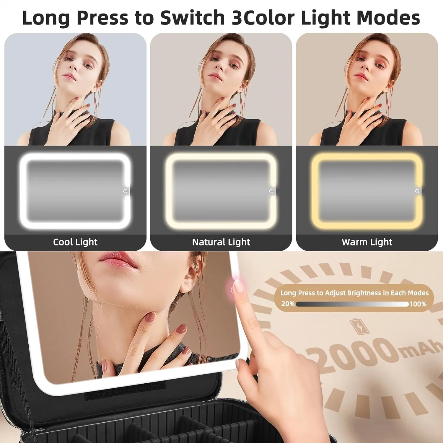 15''X11'' Makeup Bag with Removeable Lighted Mirror, Travel Makeup Case with 3 Color Lights Dimmable Brightness, Large Capacity Cosmetic Organizer Case with Detachable Dividers & Shoulder Strap