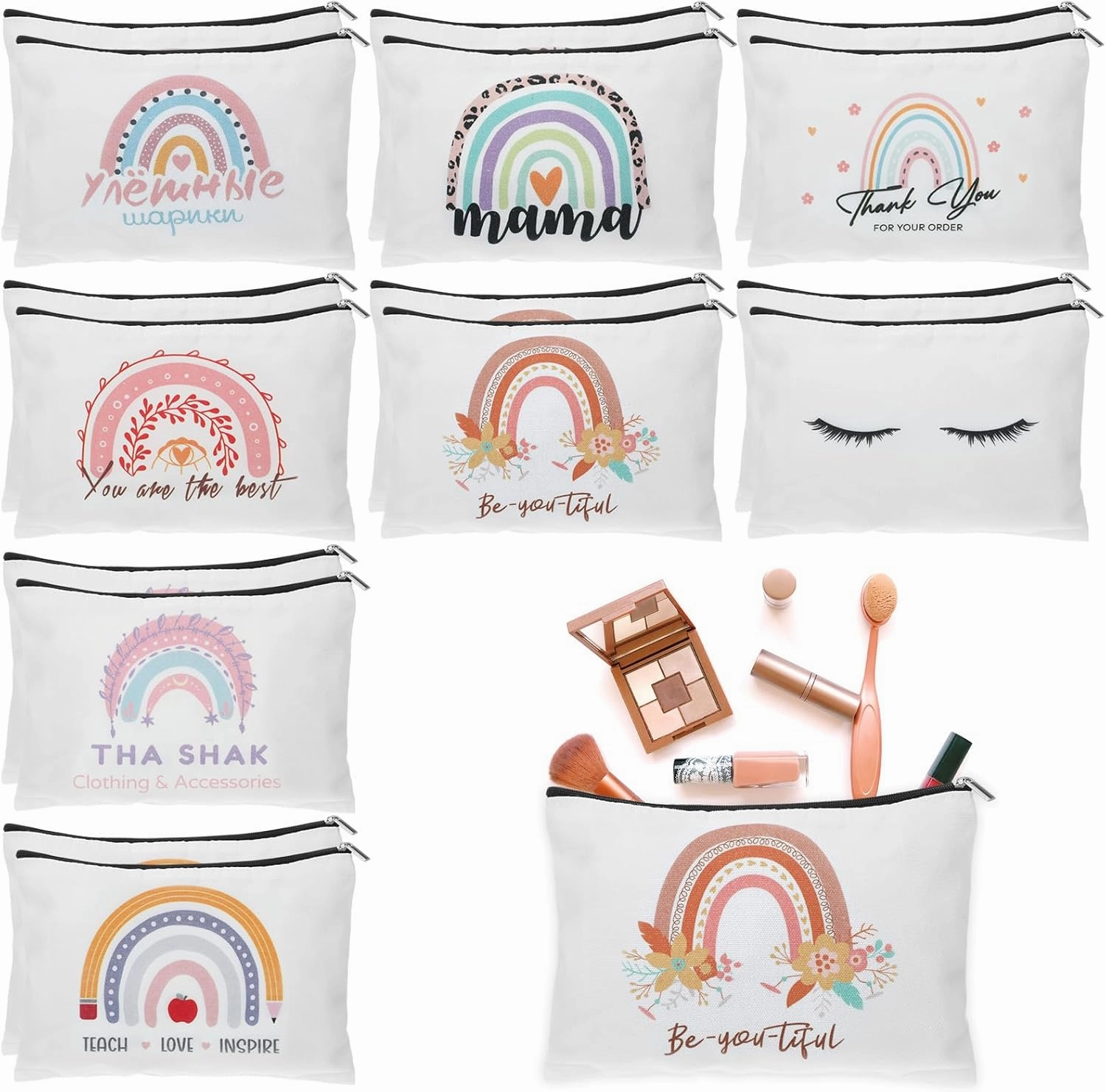 16 Packs Makeup Bags Bulk Travel Funny Canvas Make Up Bag Multicolor Inspirational Cosmetic Pouch Personalized Encouragement Rainbow Toiletry Pouches with Zippers for Women Gift Teacher Friend