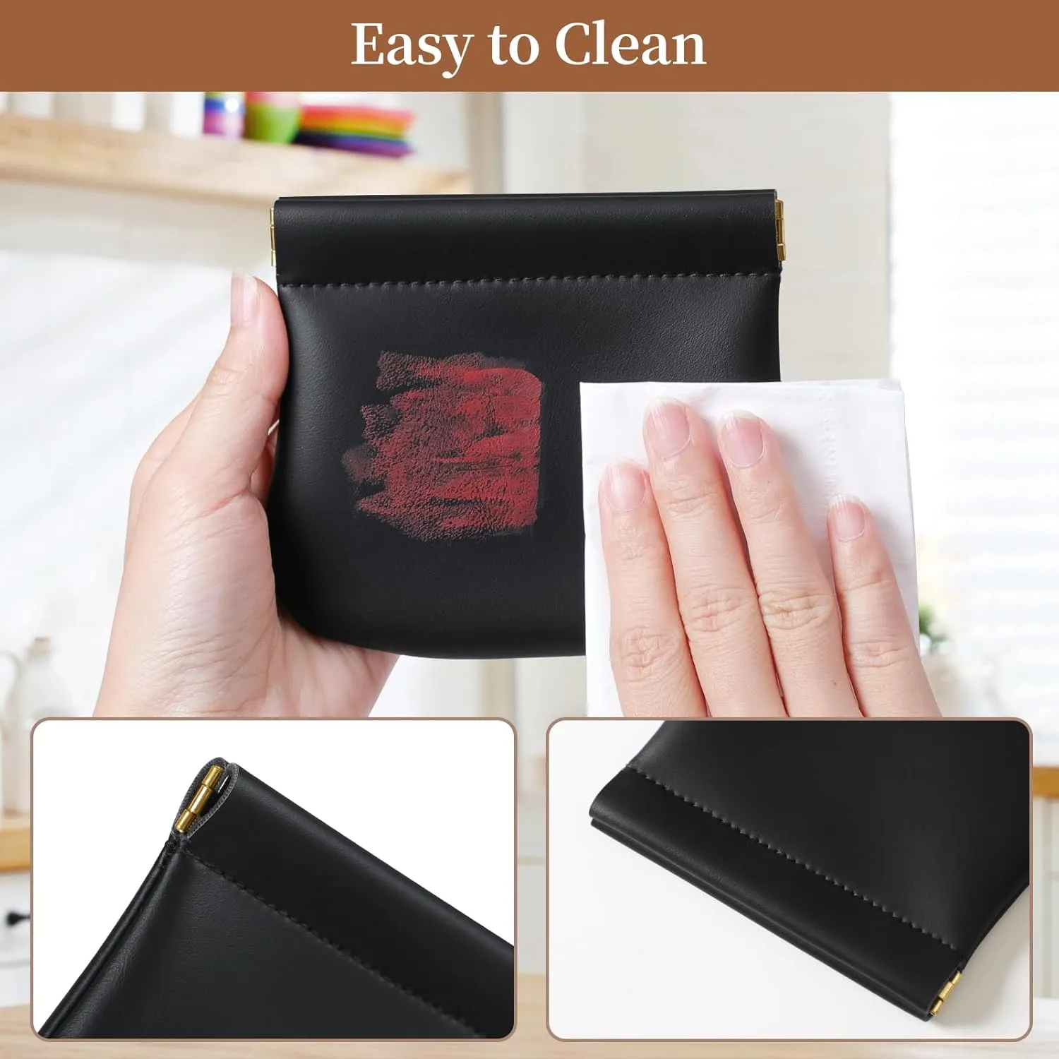 2 Pack Small Makeup Bag for Women, New Organosilicon Super Fiber Leather Mini Cosmetic Bag for Travel, Coin Purse Organizer Storage Pouch (Black)