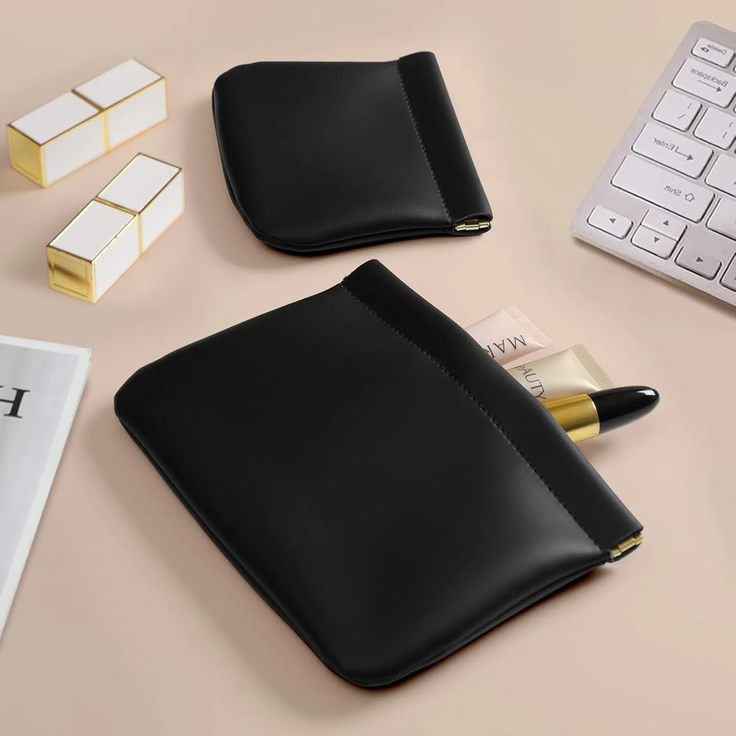 2 Pack Small Makeup Bag for Women, New Organosilicon Super Fiber Leather Mini Cosmetic Bag for Travel, Coin Purse Organizer Storage Pouch (Black)