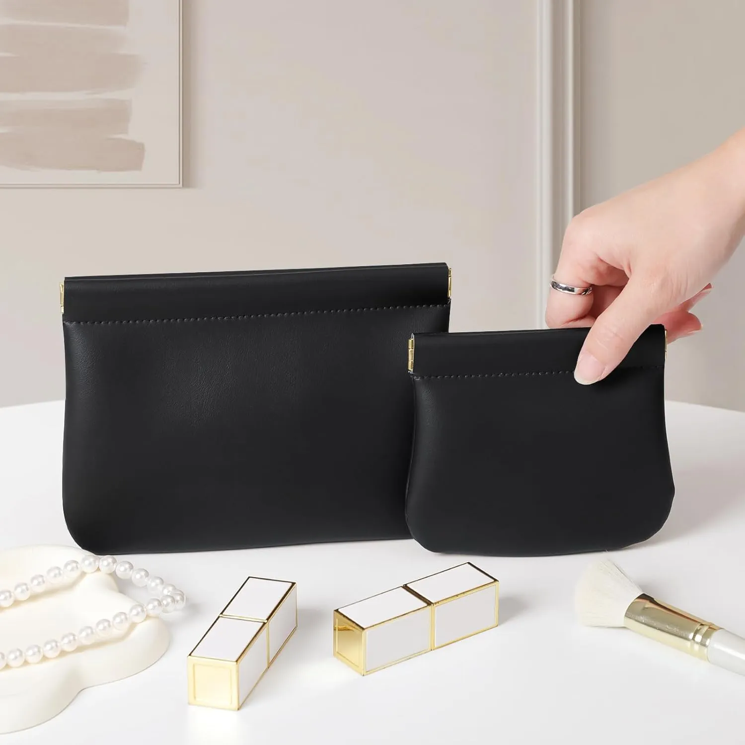 2 Pack Small Makeup Bag for Women, New Organosilicon Super Fiber Leather Mini Cosmetic Bag for Travel, Coin Purse Organizer Storage Pouch (Black)