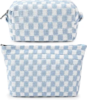 2 Pieces Makeup Bag Large Checkered Cosmetic Bag Capacity Canvas Mix Travel Toiletry Bag Organizer Cute Makeup Brushes Aesthetic Accessories Storage Bag for Women, Checkered Mix Blue