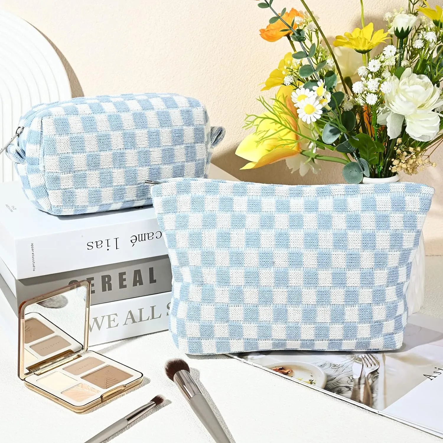 2 Pieces Makeup Bag Large Checkered Cosmetic Bag Capacity Canvas Mix Travel Toiletry Bag Organizer Cute Makeup Brushes Aesthetic Accessories Storage Bag for Women, Checkered Mix Blue