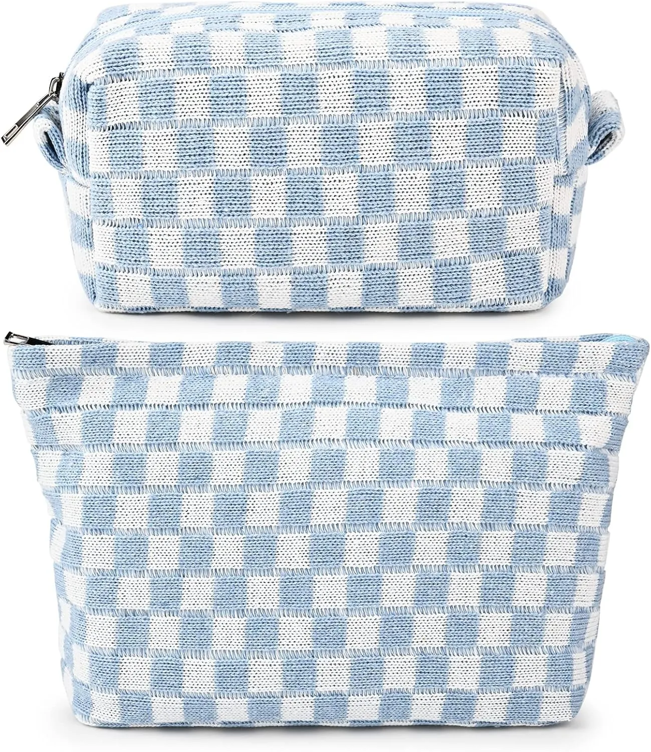 2 Pieces Makeup Bag Large Checkered Cosmetic Bag Capacity Canvas Mix Travel Toiletry Bag Organizer Cute Makeup Brushes Aesthetic Accessories Storage Bag for Women, Checkered Mix Blue