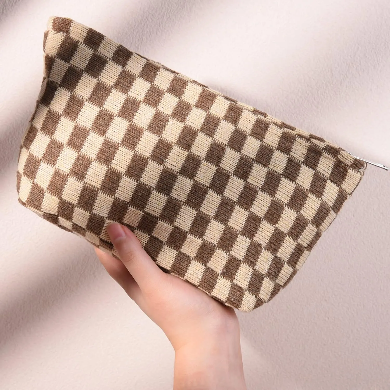 2 Pieces Makeup Bag Large Checkered Cosmetic Bag Capacity Canvas Mix Travel Toiletry Bag Organizer Cute Makeup Brushes Aesthetic Accessories Storage Bag for Women, Checkered Mix Brown