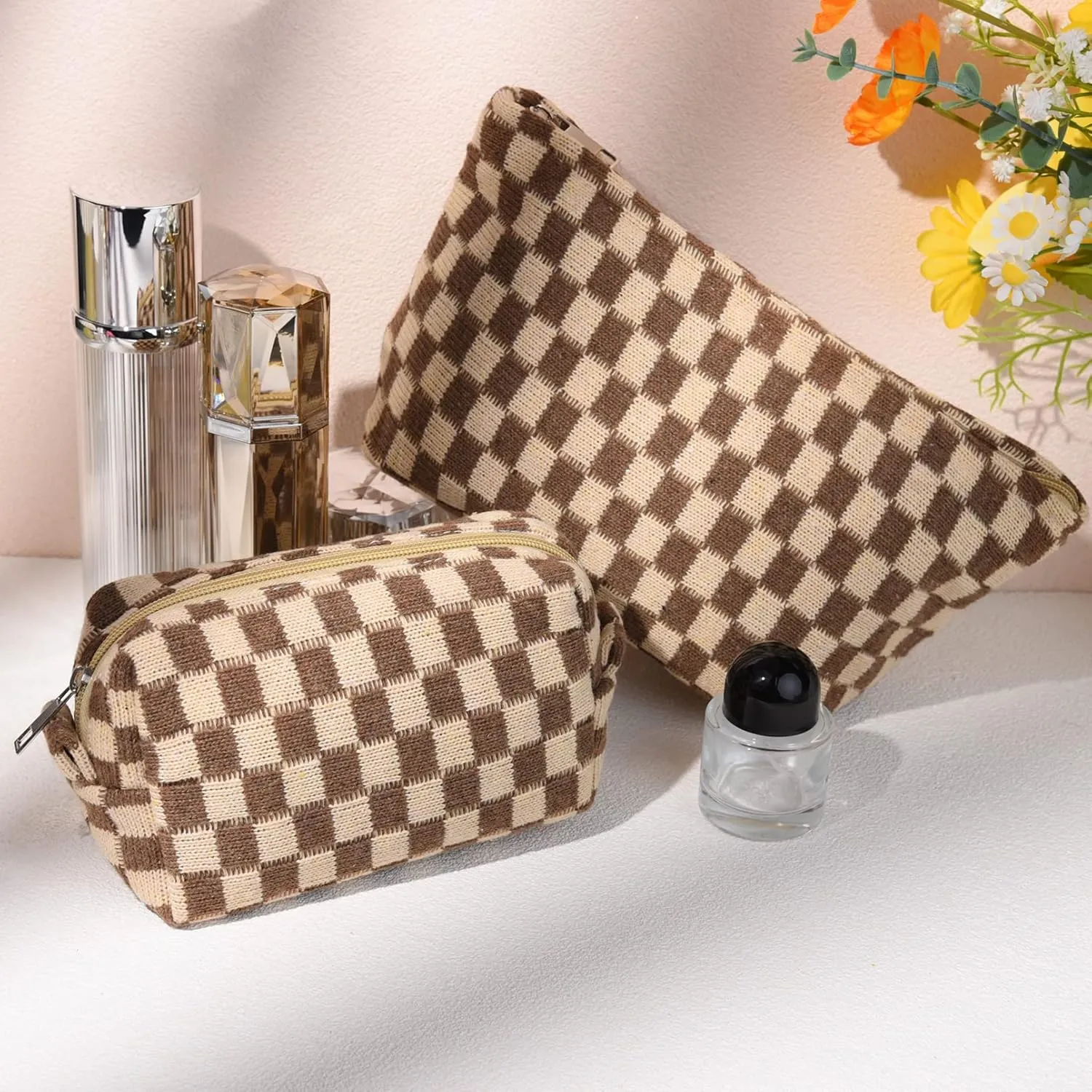 2 Pieces Makeup Bag Large Checkered Cosmetic Bag Capacity Canvas Mix Travel Toiletry Bag Organizer Cute Makeup Brushes Aesthetic Accessories Storage Bag for Women, Checkered Mix Brown