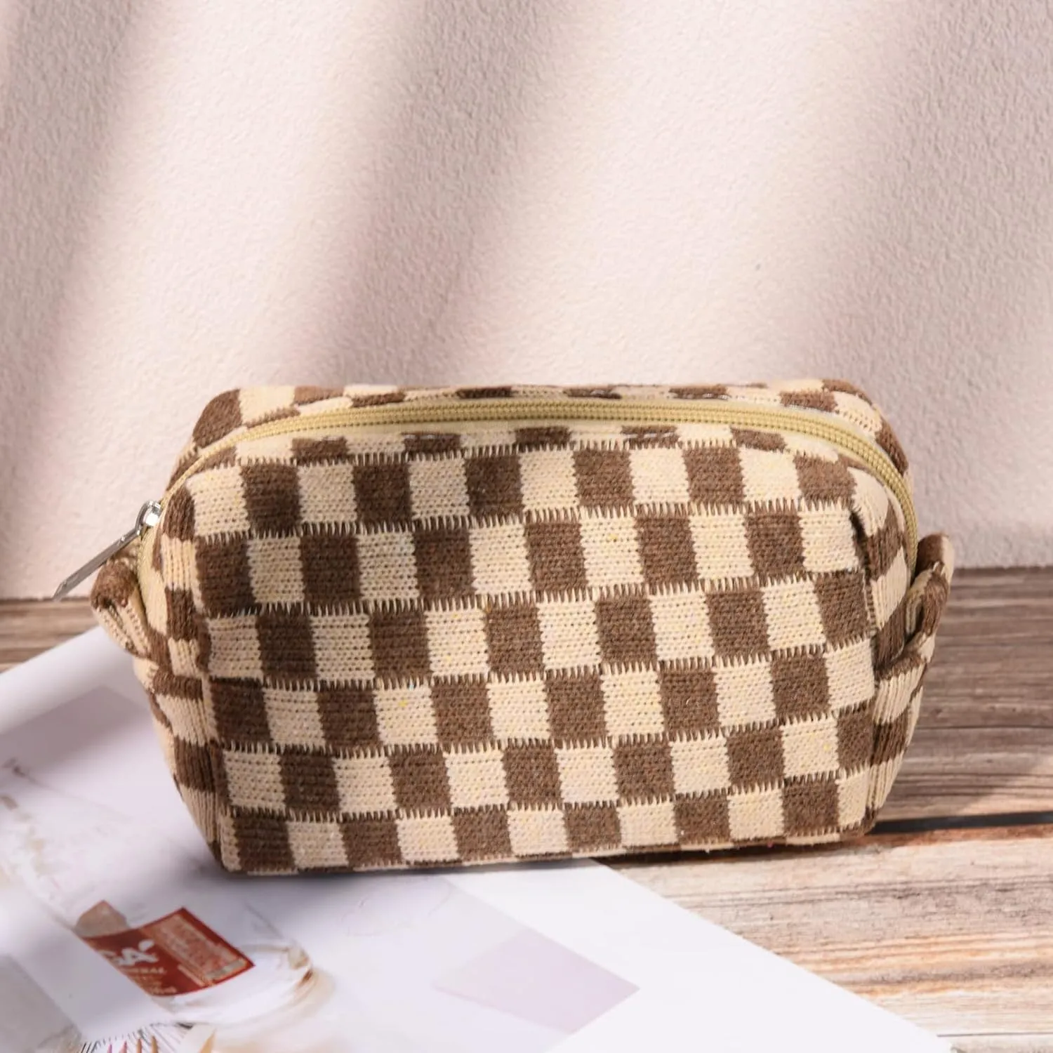 2 Pieces Makeup Bag Large Checkered Cosmetic Bag Capacity Canvas Mix Travel Toiletry Bag Organizer Cute Makeup Brushes Aesthetic Accessories Storage Bag for Women, Checkered Mix Brown