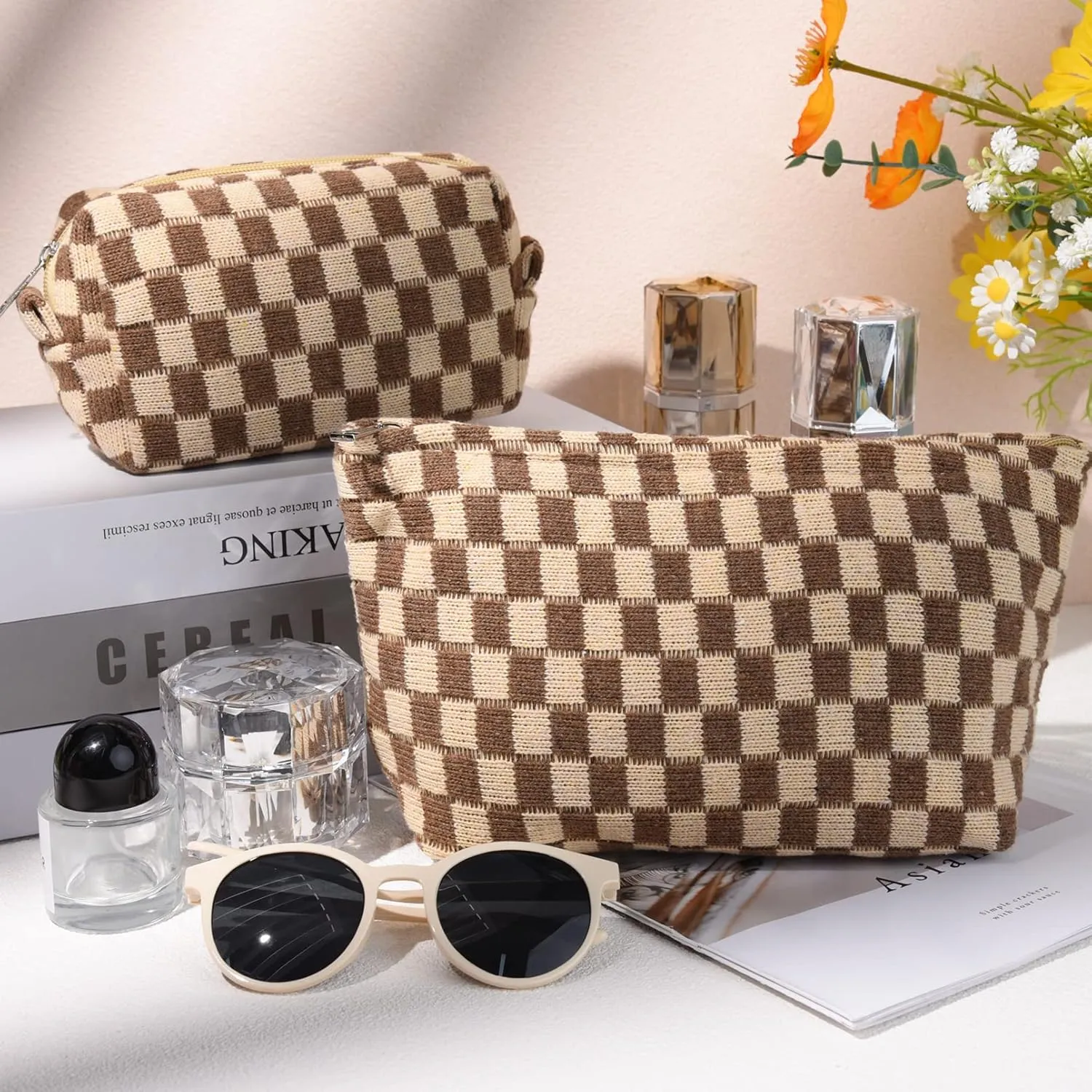 2 Pieces Makeup Bag Large Checkered Cosmetic Bag Capacity Canvas Mix Travel Toiletry Bag Organizer Cute Makeup Brushes Aesthetic Accessories Storage Bag for Women, Checkered Mix Brown