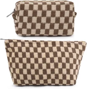 2 Pieces Makeup Bag Large Checkered Cosmetic Bag Capacity Canvas Mix Travel Toiletry Bag Organizer Cute Makeup Brushes Aesthetic Accessories Storage Bag for Women, Checkered Mix Brown