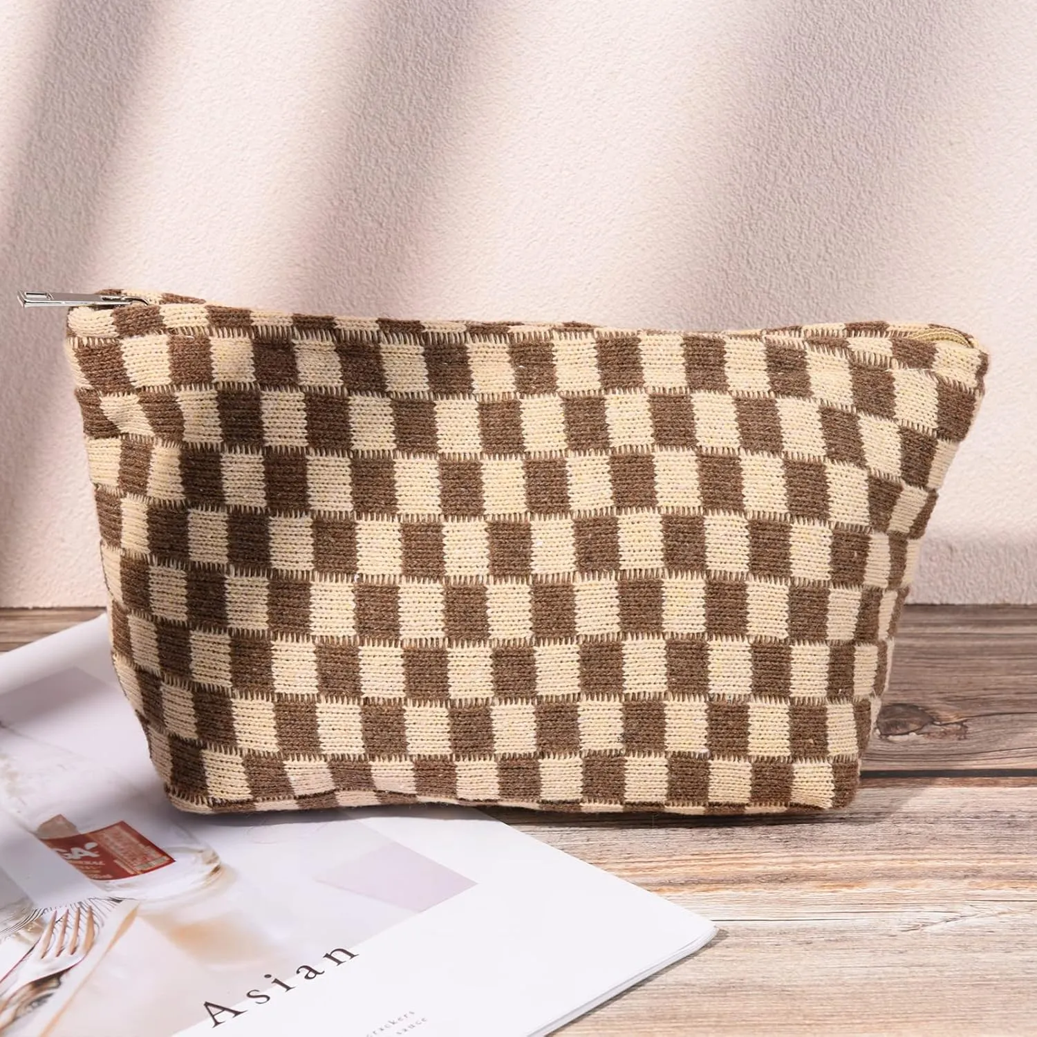 2 Pieces Makeup Bag Large Checkered Cosmetic Bag Capacity Canvas Mix Travel Toiletry Bag Organizer Cute Makeup Brushes Aesthetic Accessories Storage Bag for Women, Checkered Mix Brown