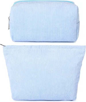 2 Pieces Makeup Bag Large Corduroy Cosmetic Bag Capacity Canvas Mix Travel Toiletry Bag Organizer Cute Makeup Brushes Aesthetic Accessories Storage Bag for Women, Corduroy Mix Blue