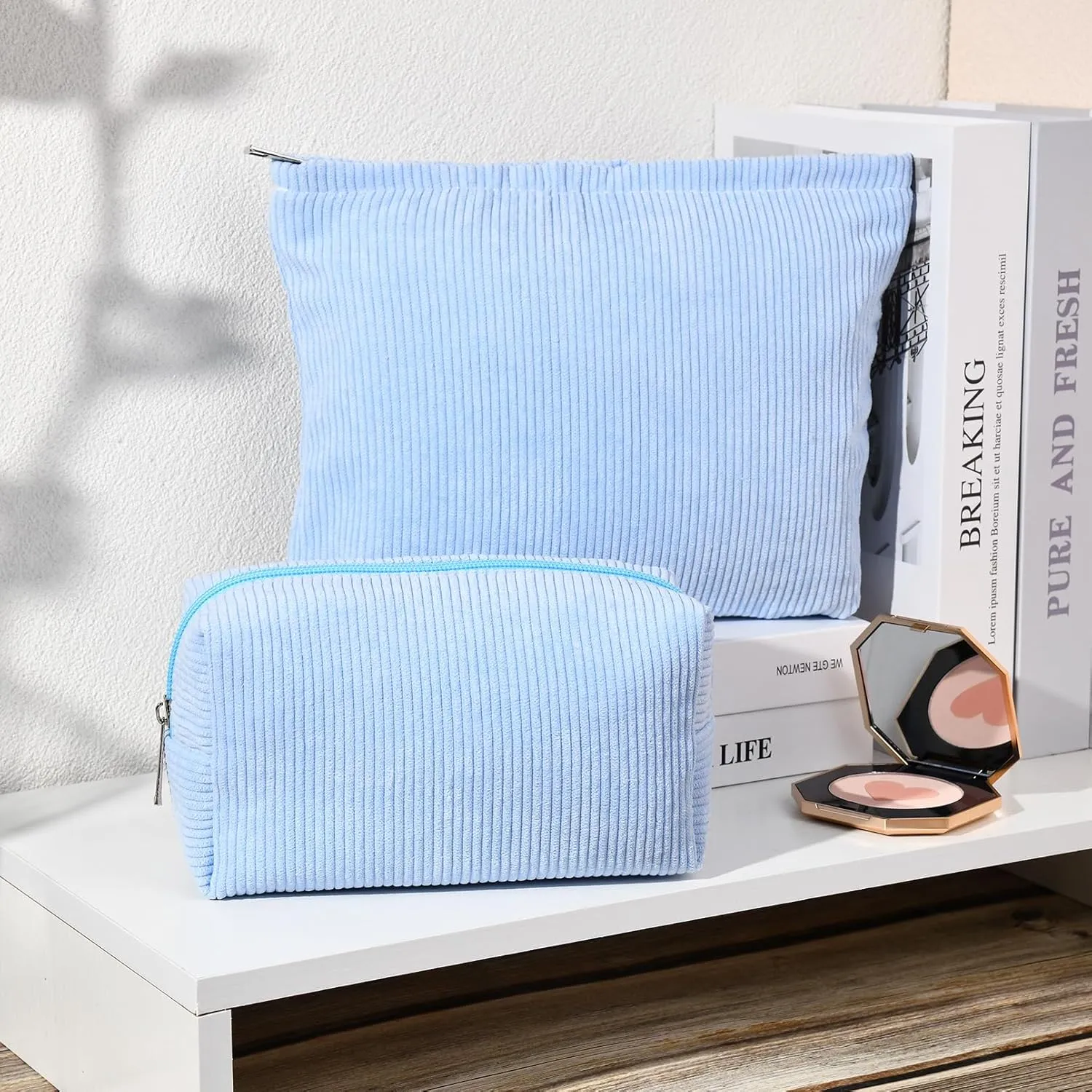 2 Pieces Makeup Bag Large Corduroy Cosmetic Bag Capacity Canvas Mix Travel Toiletry Bag Organizer Cute Makeup Brushes Aesthetic Accessories Storage Bag for Women, Corduroy Mix Blue