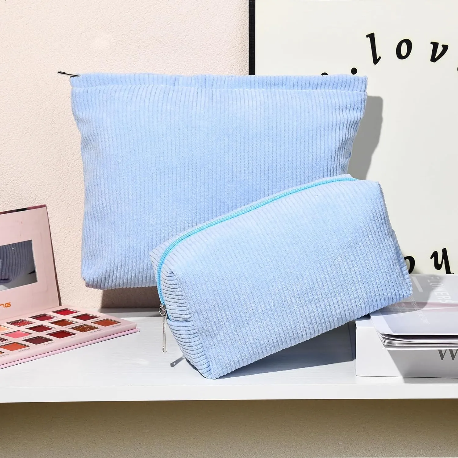 2 Pieces Makeup Bag Large Corduroy Cosmetic Bag Capacity Canvas Mix Travel Toiletry Bag Organizer Cute Makeup Brushes Aesthetic Accessories Storage Bag for Women, Corduroy Mix Blue