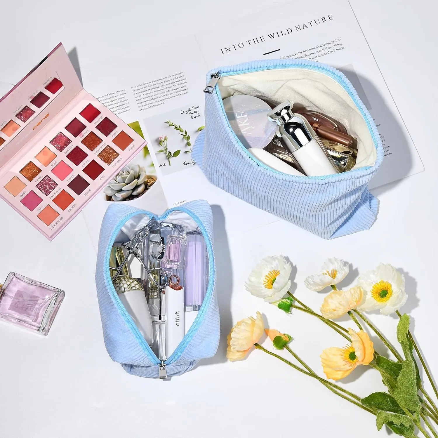 2 Pieces Makeup Bag Large Corduroy Cosmetic Bag Capacity Canvas Mix Travel Toiletry Bag Organizer Cute Makeup Brushes Aesthetic Accessories Storage Bag for Women, Corduroy Mix Blue