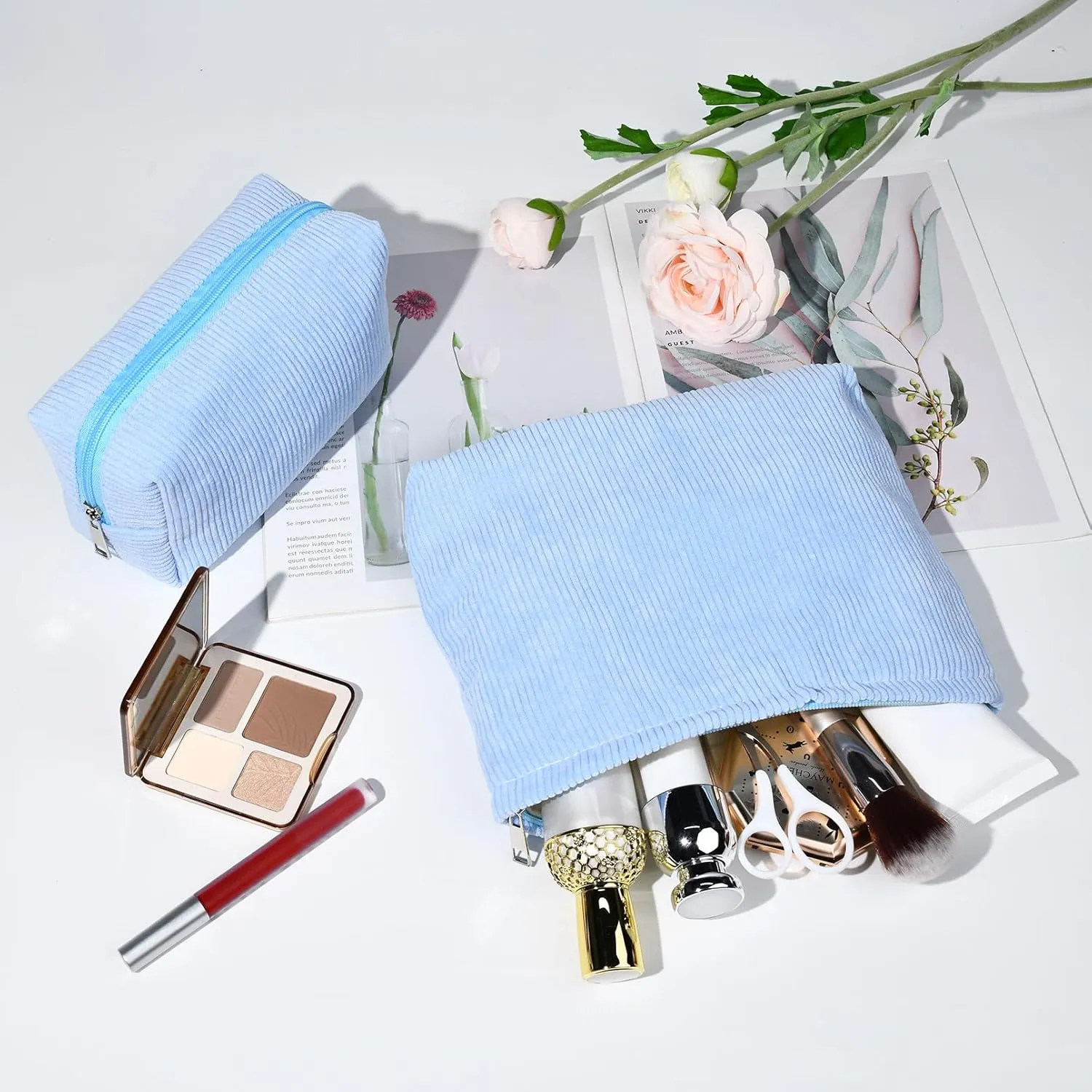 2 Pieces Makeup Bag Large Corduroy Cosmetic Bag Capacity Canvas Mix Travel Toiletry Bag Organizer Cute Makeup Brushes Aesthetic Accessories Storage Bag for Women, Corduroy Mix Blue