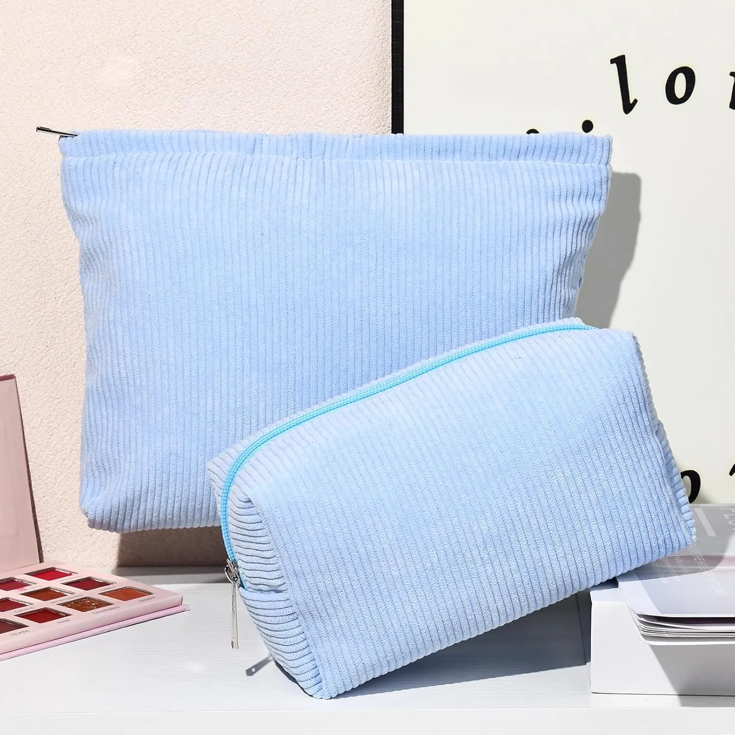 2 Pieces Makeup Bag Large Corduroy Cosmetic Bag Capacity Canvas Mix Travel Toiletry Bag Organizer Cute Makeup Brushes Aesthetic Accessories Storage Bag for Women, Corduroy Mix Blue