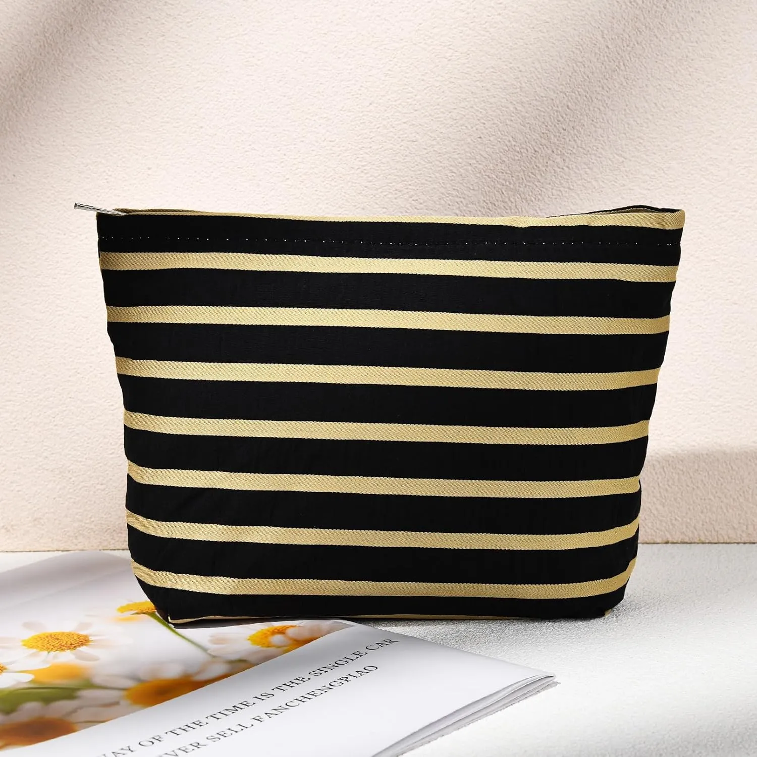 2 Pieces Makeup Bag Large Stripe Cosmetic Bag Capacity Canvas Mix Travel Toiletry Bag Organizer Cute Makeup Brushes Aesthetic Accessories Storage Bag for Women, Stripe Mix Black