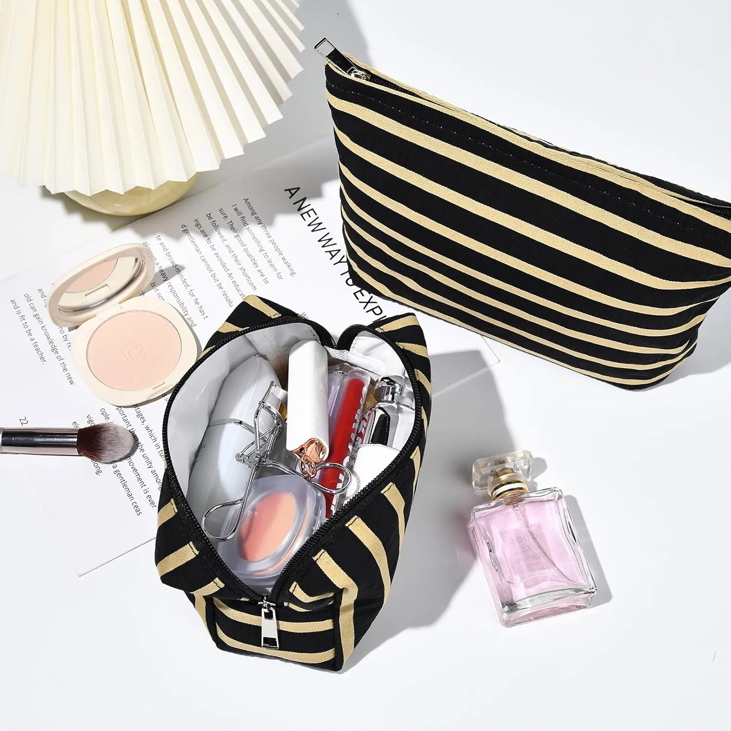 2 Pieces Makeup Bag Large Stripe Cosmetic Bag Capacity Canvas Mix Travel Toiletry Bag Organizer Cute Makeup Brushes Aesthetic Accessories Storage Bag for Women, Stripe Mix Black