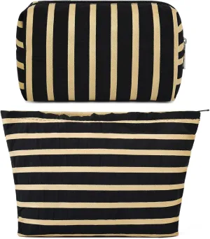 2 Pieces Makeup Bag Large Stripe Cosmetic Bag Capacity Canvas Mix Travel Toiletry Bag Organizer Cute Makeup Brushes Aesthetic Accessories Storage Bag for Women, Stripe Mix Black
