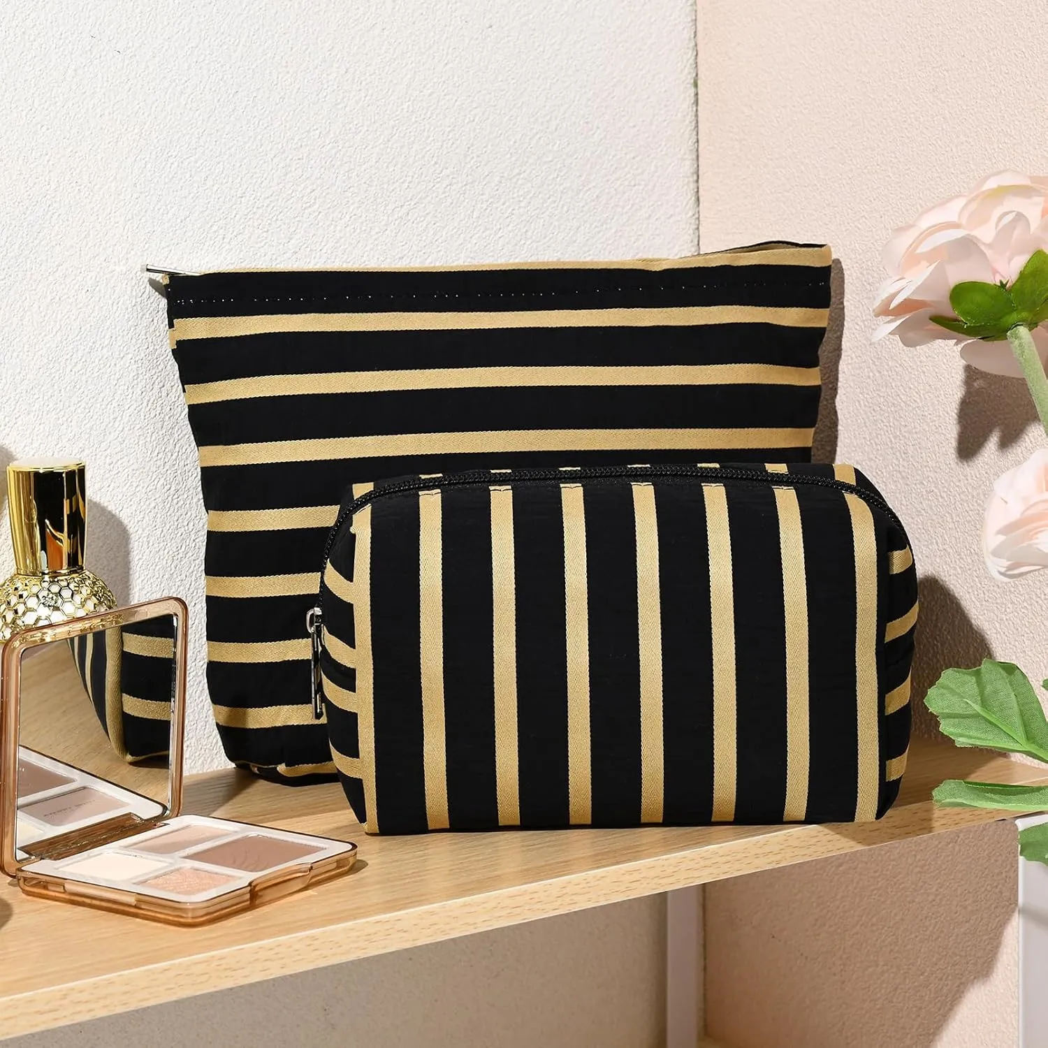 2 Pieces Makeup Bag Large Stripe Cosmetic Bag Capacity Canvas Mix Travel Toiletry Bag Organizer Cute Makeup Brushes Aesthetic Accessories Storage Bag for Women, Stripe Mix Black