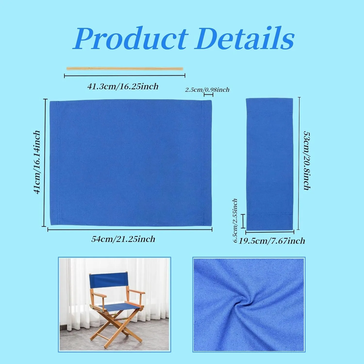 2 Set Director Chair Canvas Replacement with Wood Stick,21.2" L x 16.1" W/21.2X 7.8 Portable Replacement Cover Canvas for Directors Chair，Casual Director Chair Replacement Canvas (Blue)